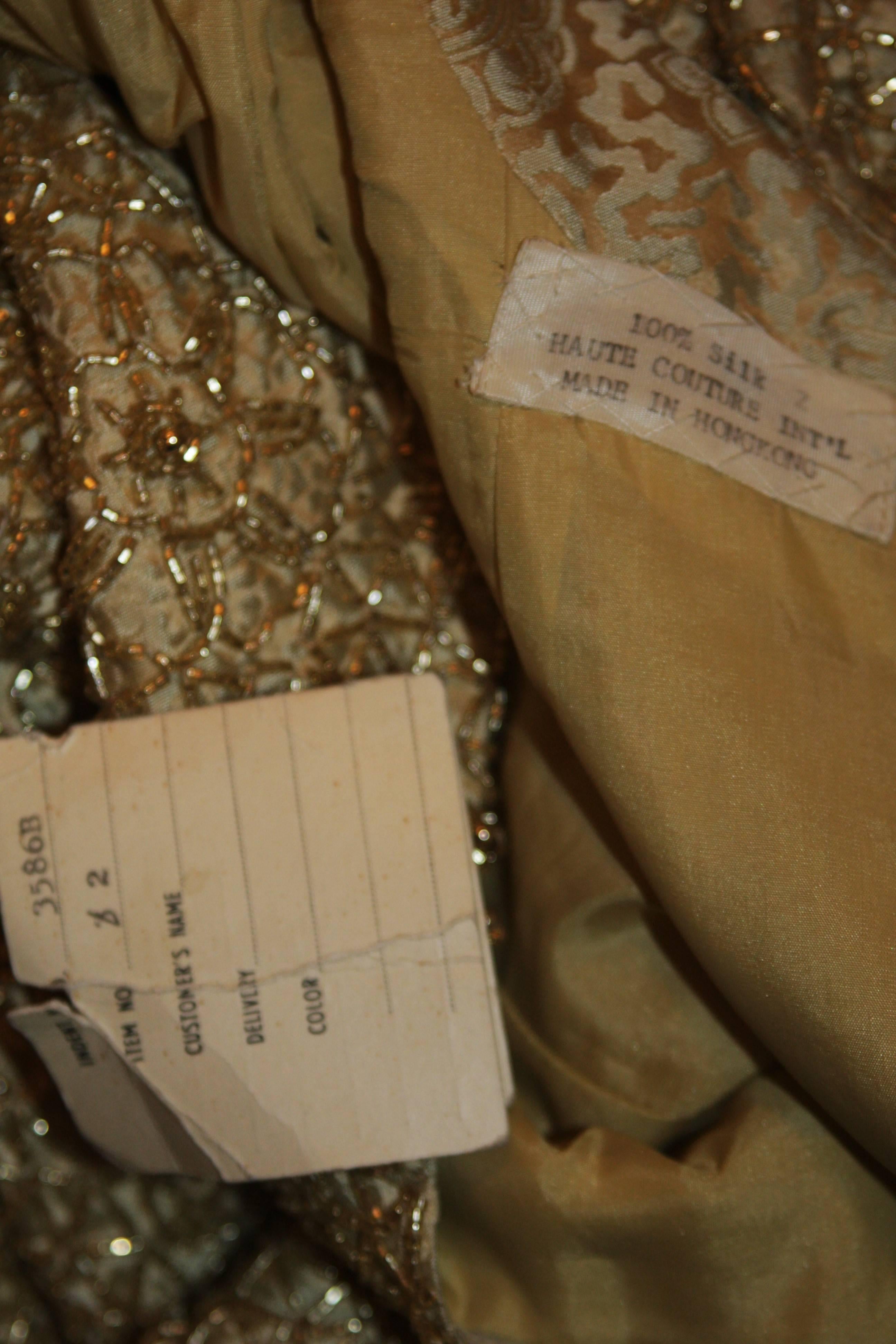 HAUTE COUTURE INT'L Gold Heavily Beaded Gown with Belt Size Large  For Sale 1