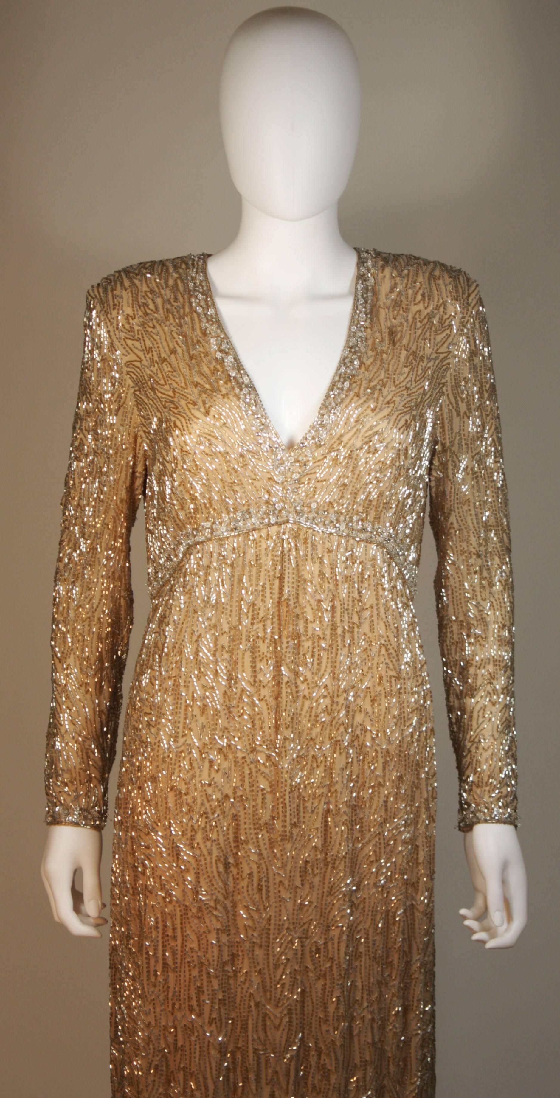 Brown VICTORIA ROYAL Champagne Beaded Gown Size Large For Sale