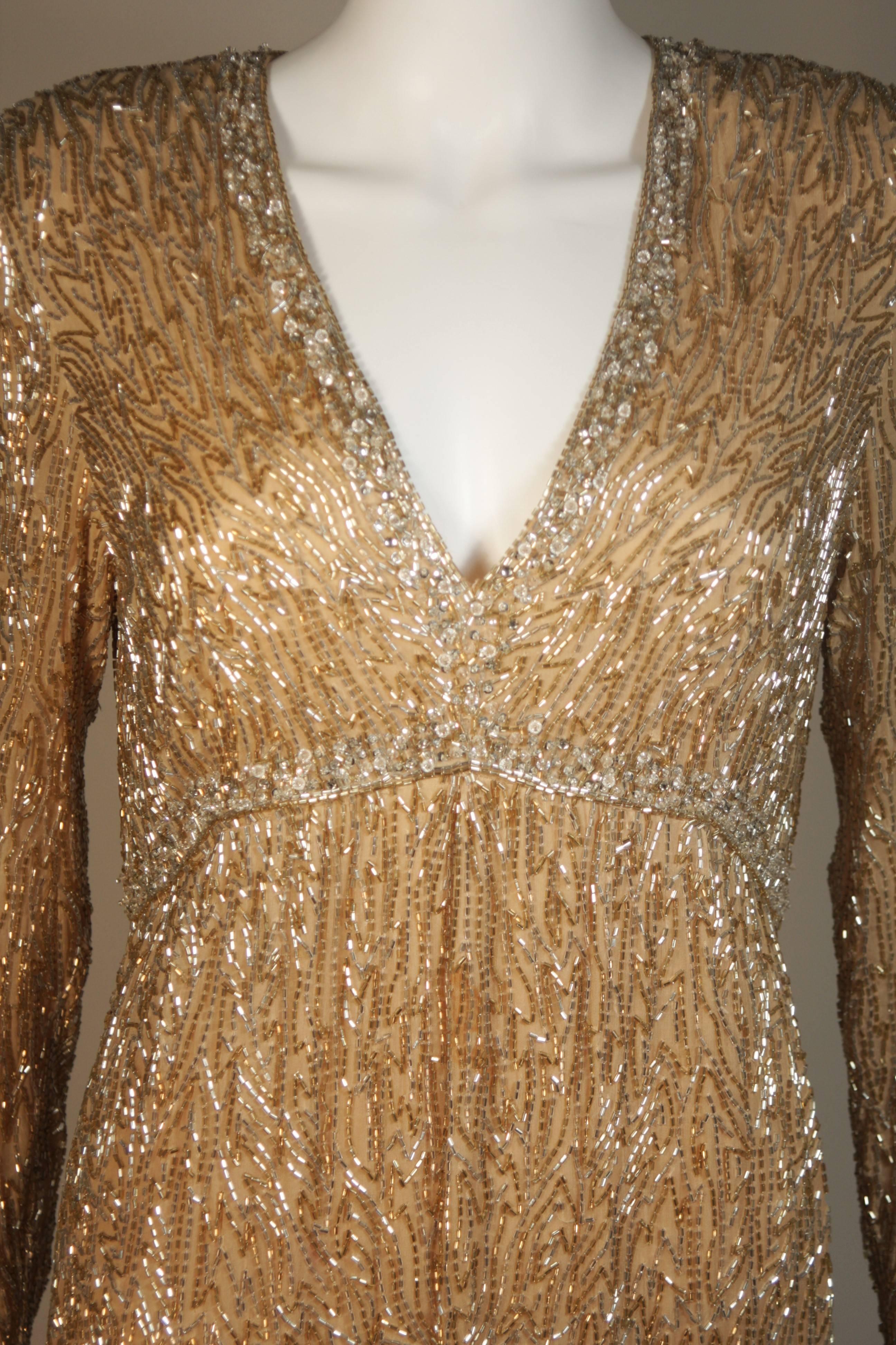 VICTORIA ROYAL Champagne Beaded Gown Size Large In Excellent Condition For Sale In Los Angeles, CA