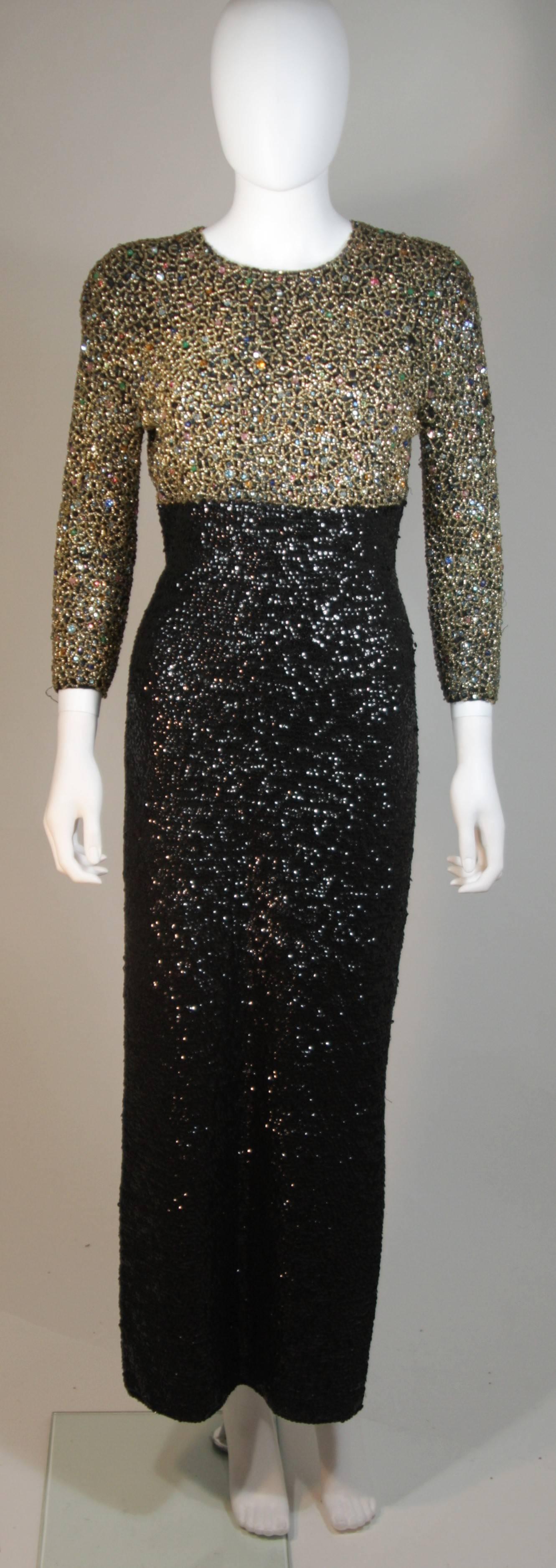 This Gene Shelly's  gown is composed of a black stretch knit which is heavily embellished. Features a beaded bodice and sequin skirt. There is a center back zipper closure. In excellent condition. Made in Hong Kong.

  **Please cross-reference