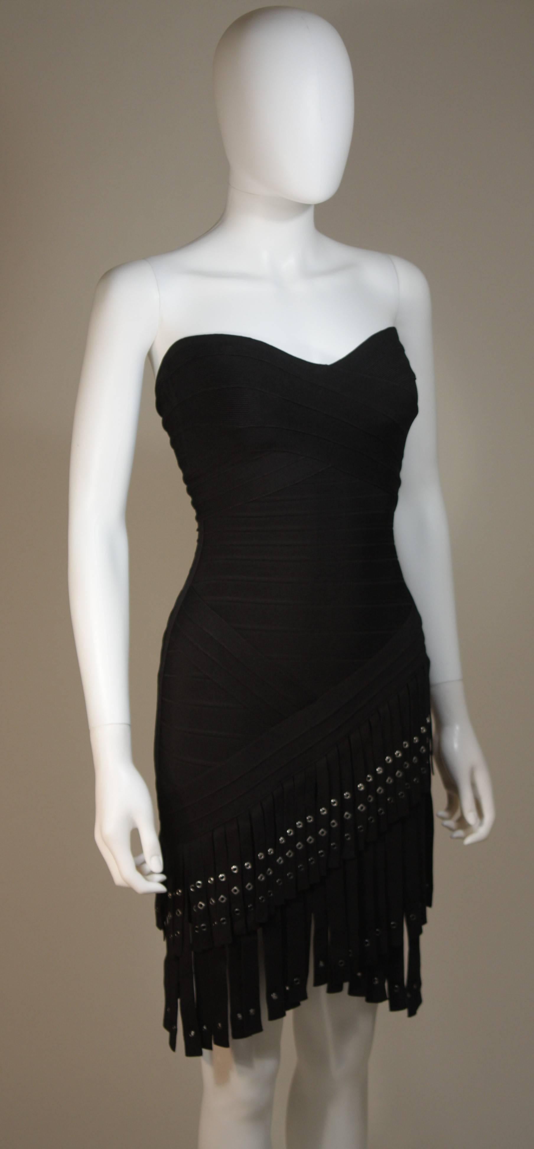 HERVE LEGER Black Bodicon Cocktail Dress with Gromets and Fringe Size XS In New Condition In Los Angeles, CA