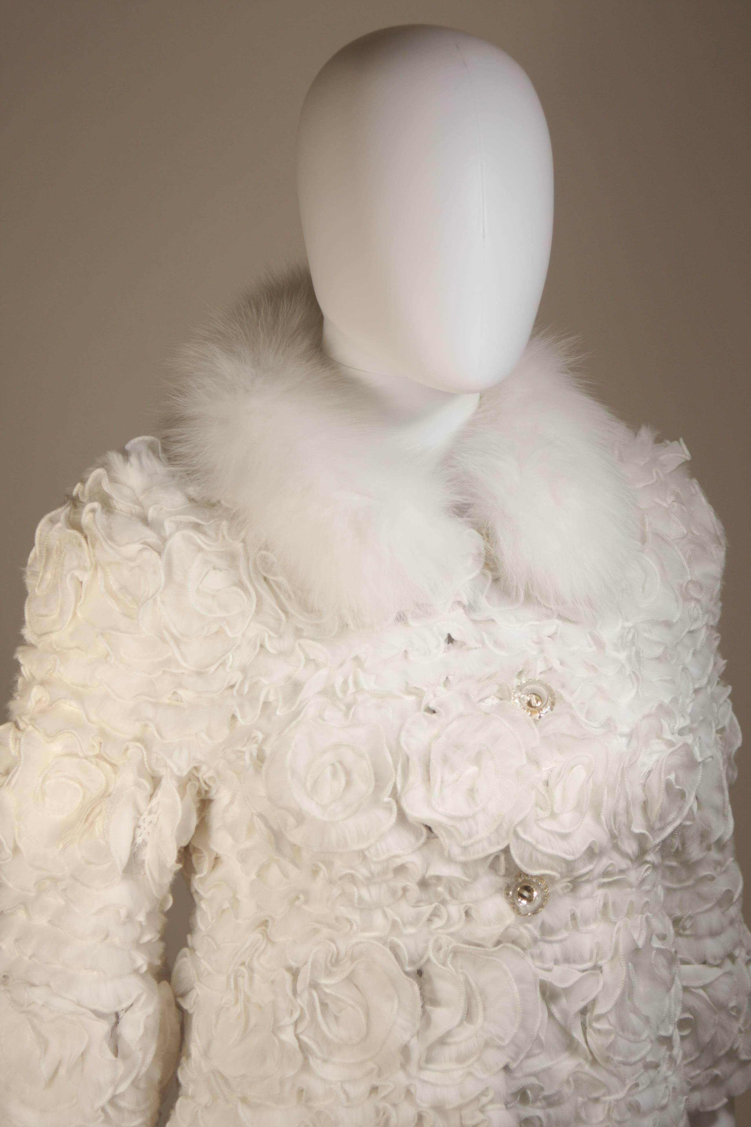 Women's White Fox Fur Bolero Style Jacket with Rose Ruffle Details Size 6 
