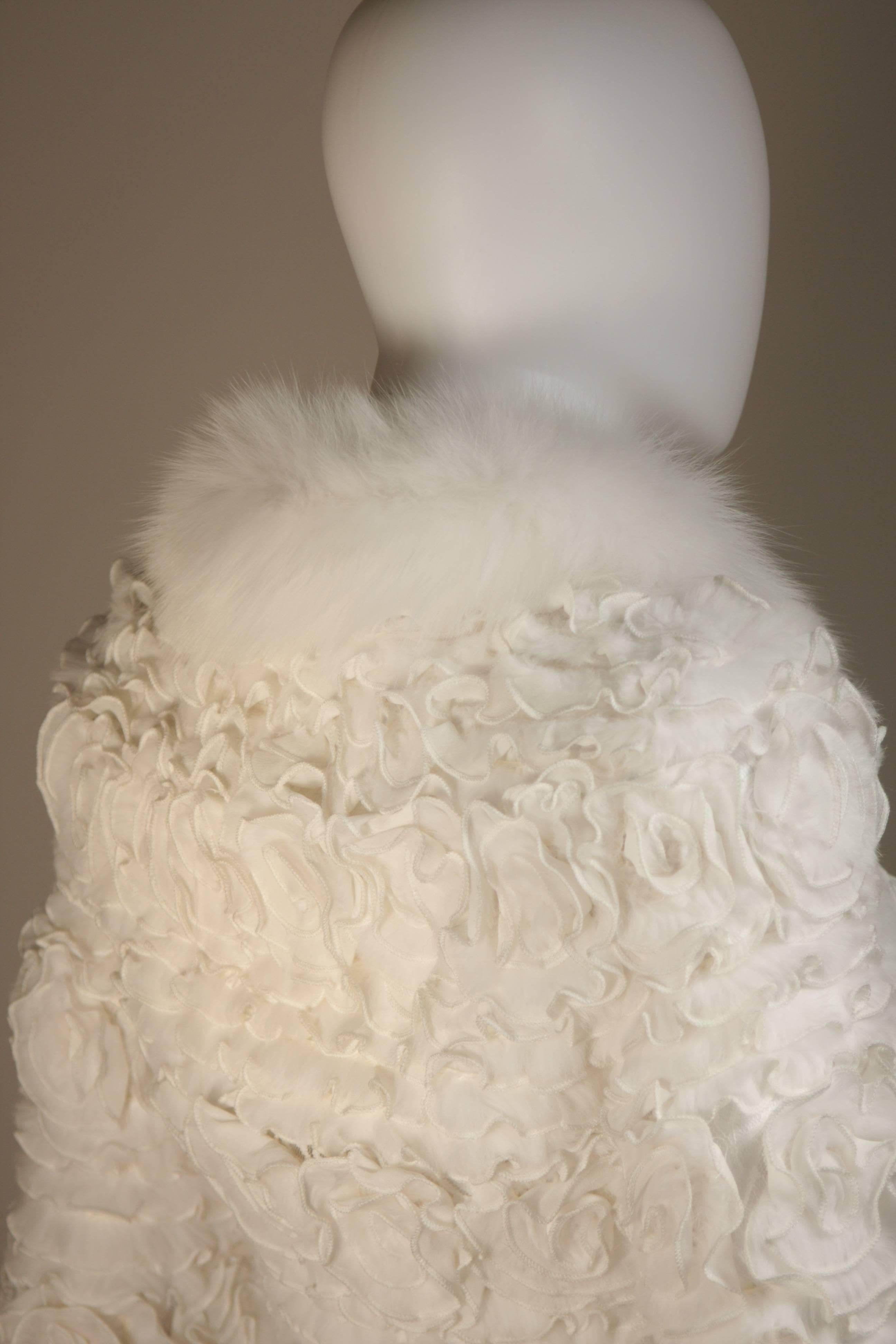 White Fox Fur Bolero Style Jacket with Rose Ruffle Details Size 6  2