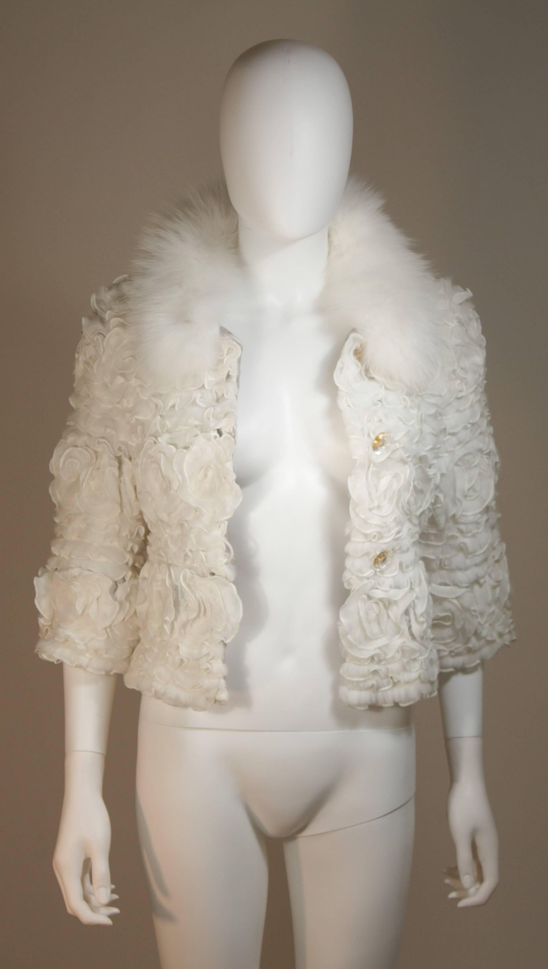 Beige White Fox Fur Bolero Style Jacket with Rose Ruffle Details Size 6 