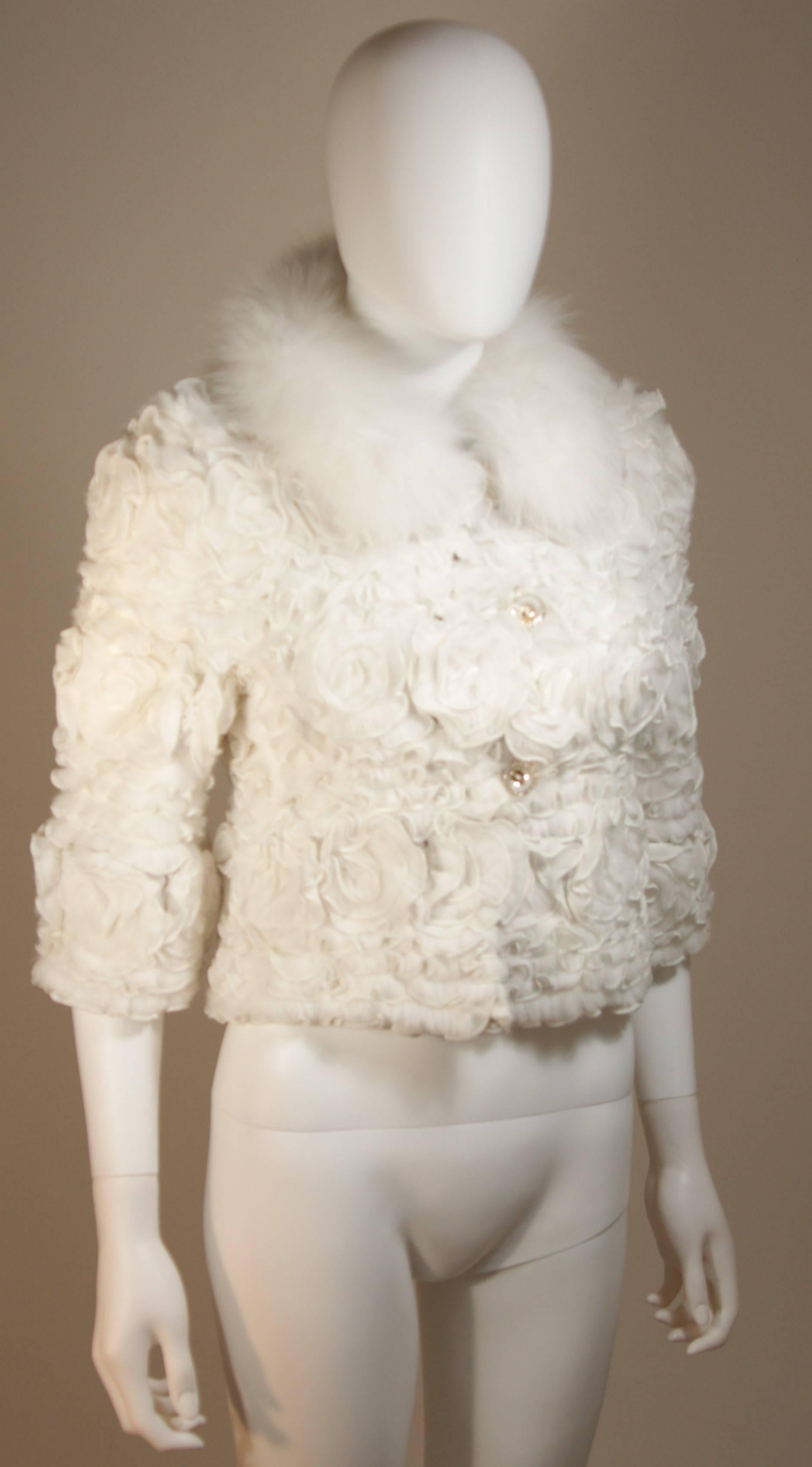 White Fox Fur Bolero Style Jacket with Rose Ruffle Details Size 6  In Excellent Condition In Los Angeles, CA