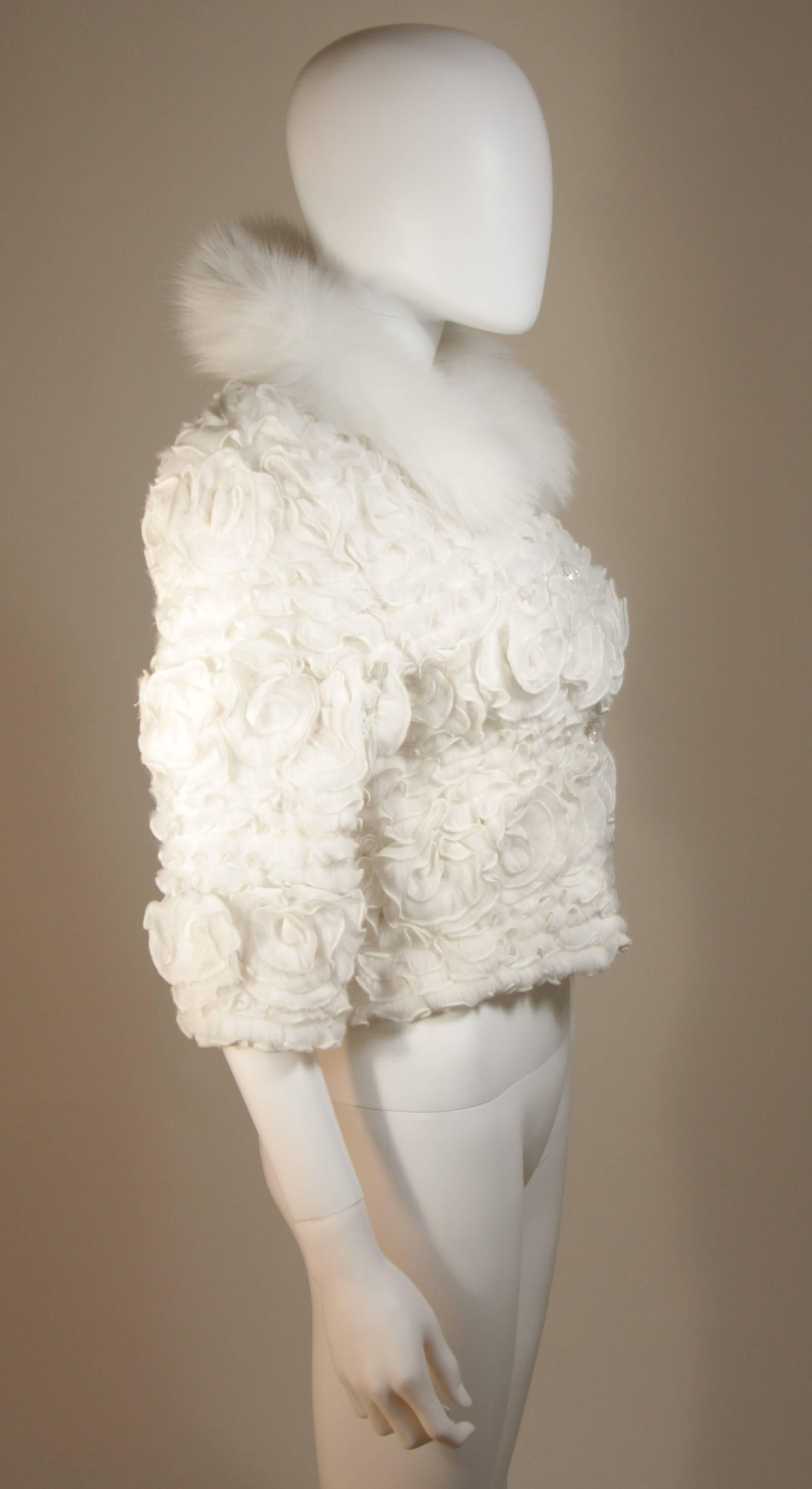 White Fox Fur Bolero Style Jacket with Rose Ruffle Details Size 6  3