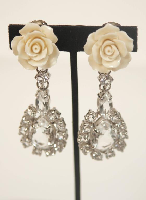 PRADA Large Rhinestone Clip On Earrings with Cream Rose Detail at