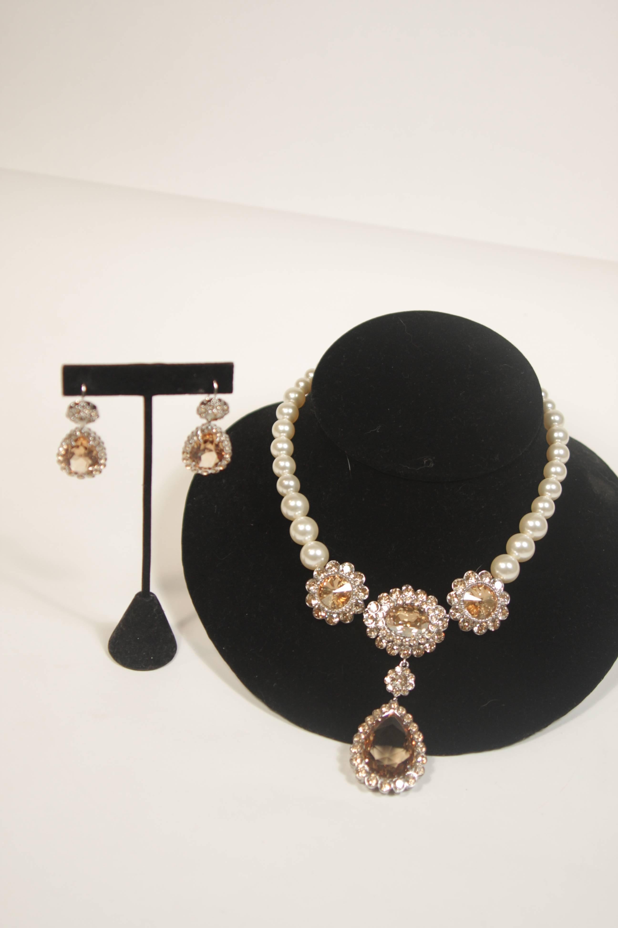 MIU MIU Smoky Topaz Rhinestone with Faux Pearl Necklace & Earrings 1