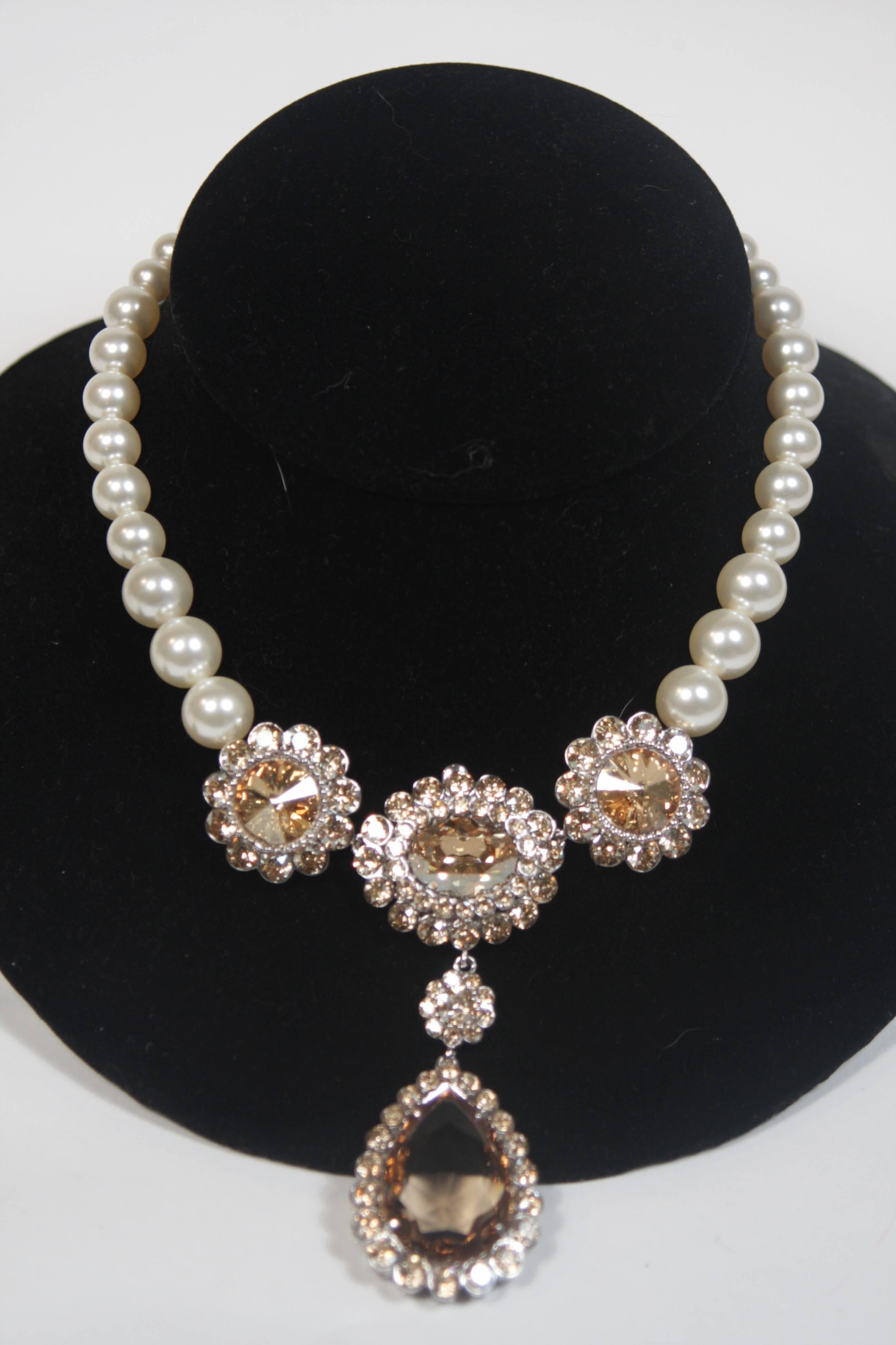 MIU MIU Smoky Topaz Rhinestone with Faux Pearl Necklace & Earrings In Excellent Condition In Los Angeles, CA