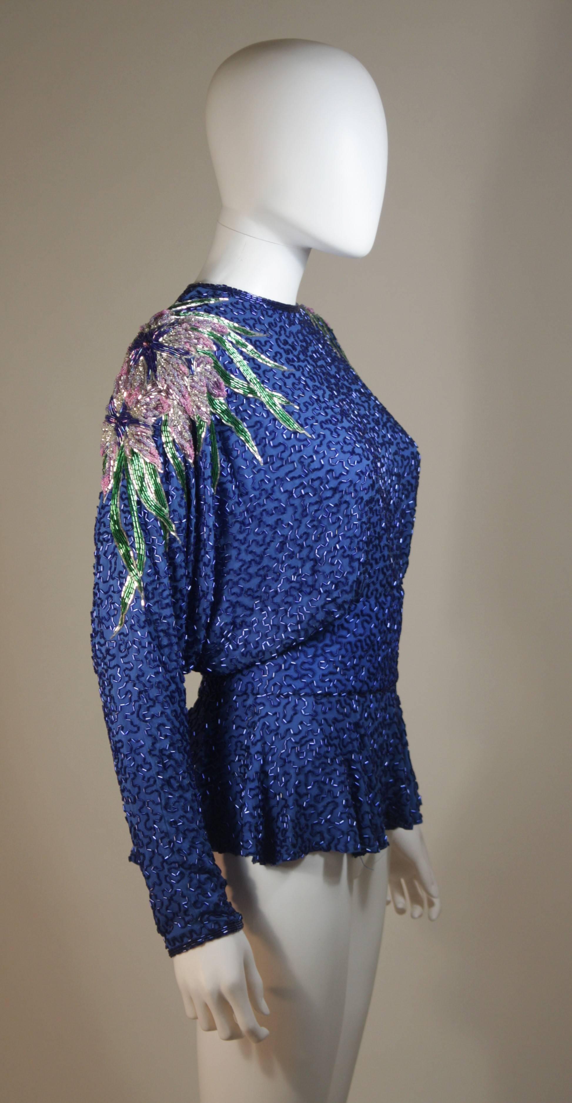 STEPHEN YEARIK Beaded Blouse with Open Back and Floral Motif Size 4-6 In Excellent Condition For Sale In Los Angeles, CA