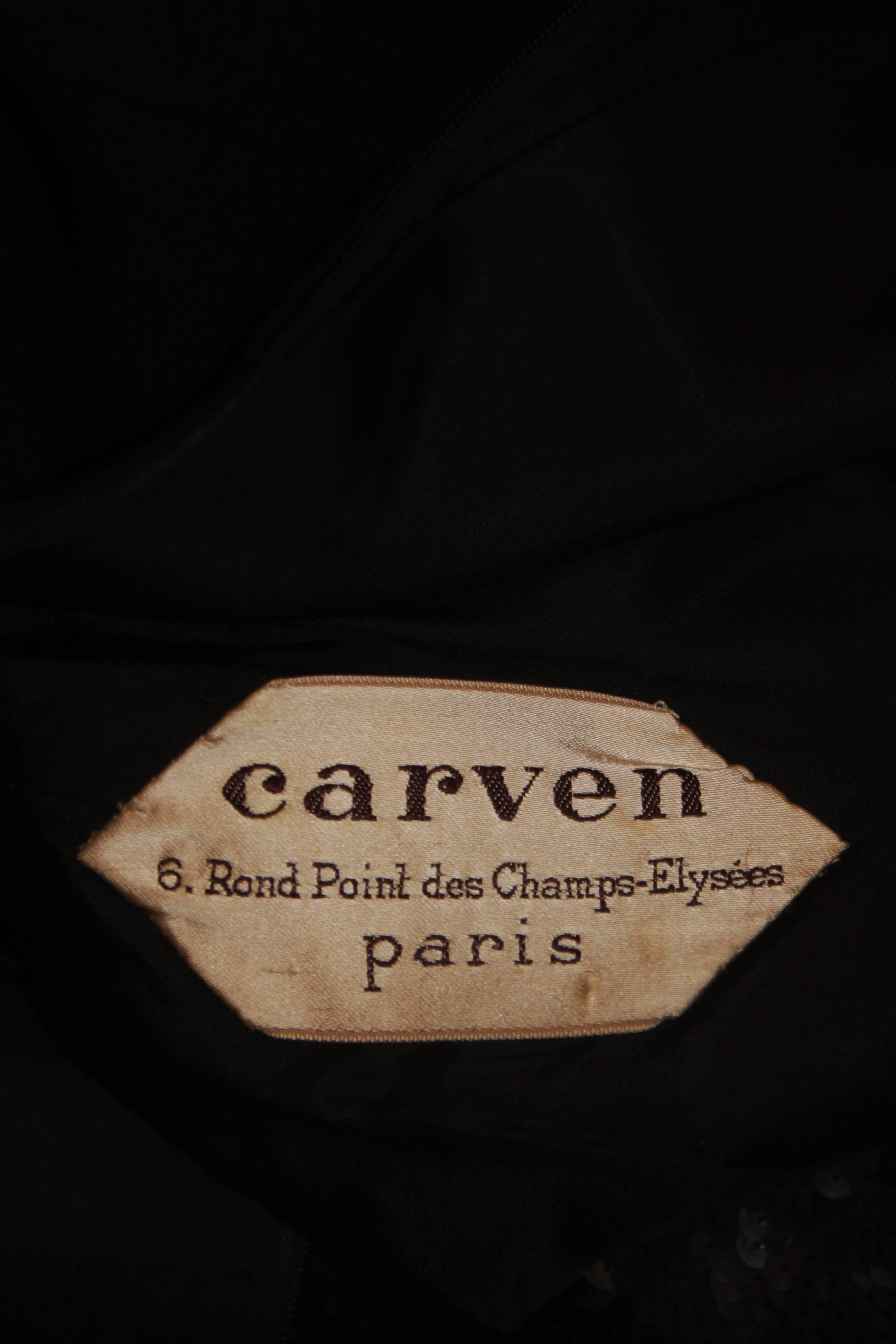 CARVEN COUTURE PARIS 1960's Black Sequin Dress with Structured Shoulders Size 2 For Sale 4