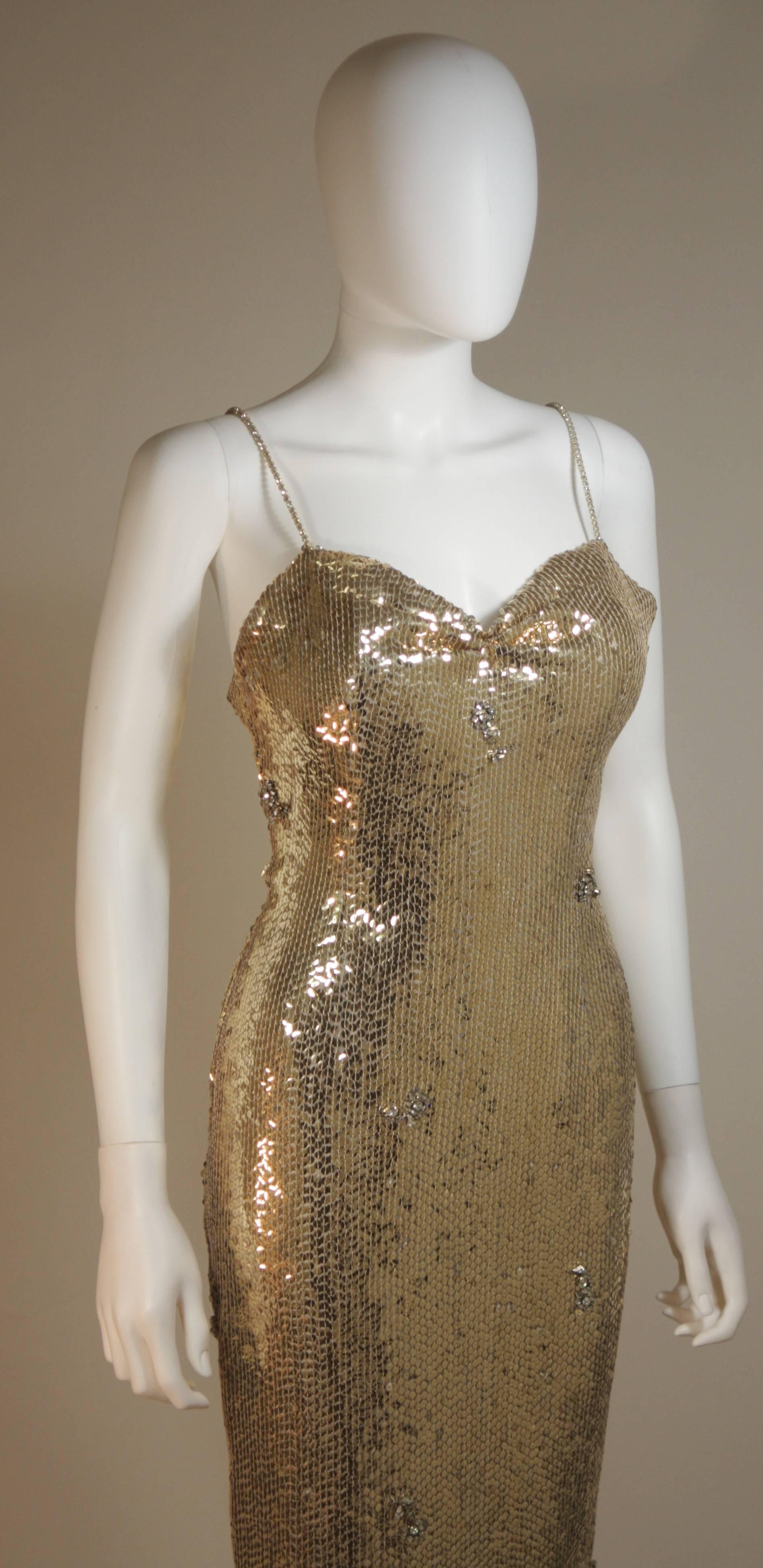 Brown ELIZABETH MASON COUTURE Gold Sequin Gown, Rhinestone Applique & Straps Size 4 For Sale