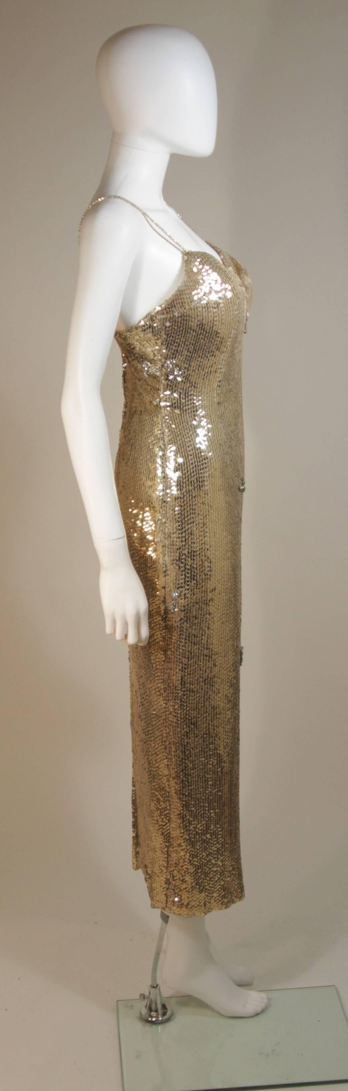 ELIZABETH MASON COUTURE Gold Sequin Gown, Rhinestone Applique & Straps Size 4 In Excellent Condition For Sale In Los Angeles, CA