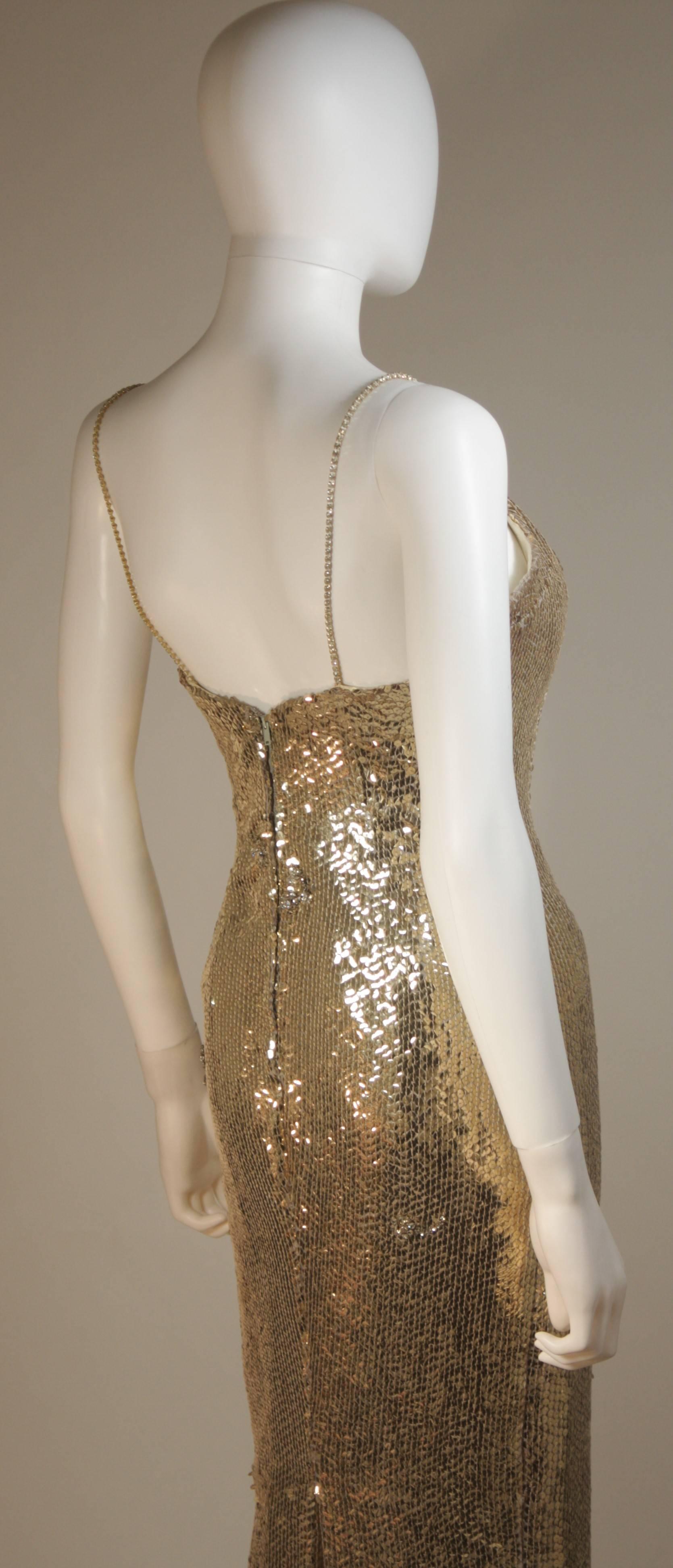 ELIZABETH MASON COUTURE Gold Sequin Gown, Rhinestone Applique & Straps Size 4 For Sale 1