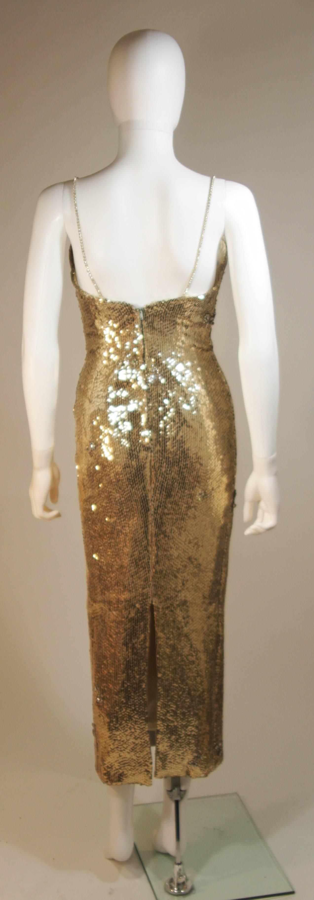 ELIZABETH MASON COUTURE Gold Sequin Gown, Rhinestone Applique & Straps Size 4 For Sale 2