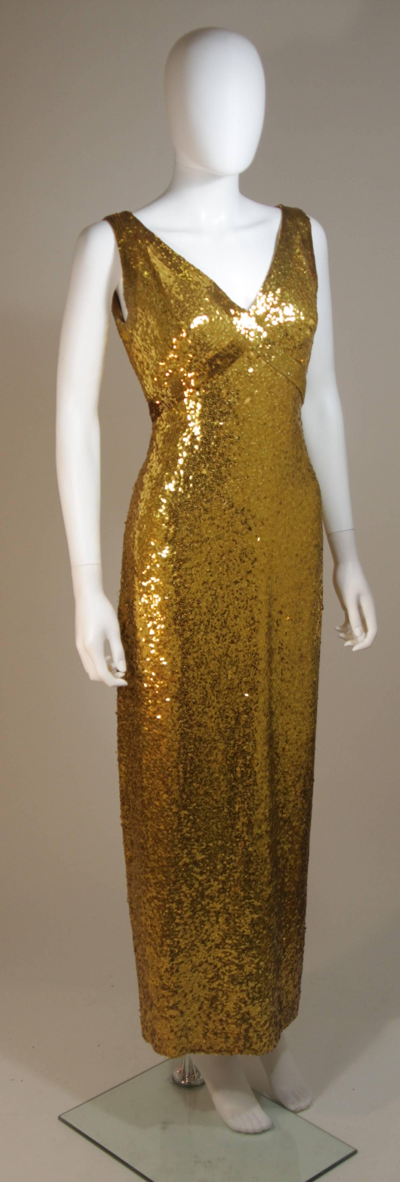 Brown IRENE SARGENT Gold Sequin Gown with Empire Bust Size 6-8 For Sale