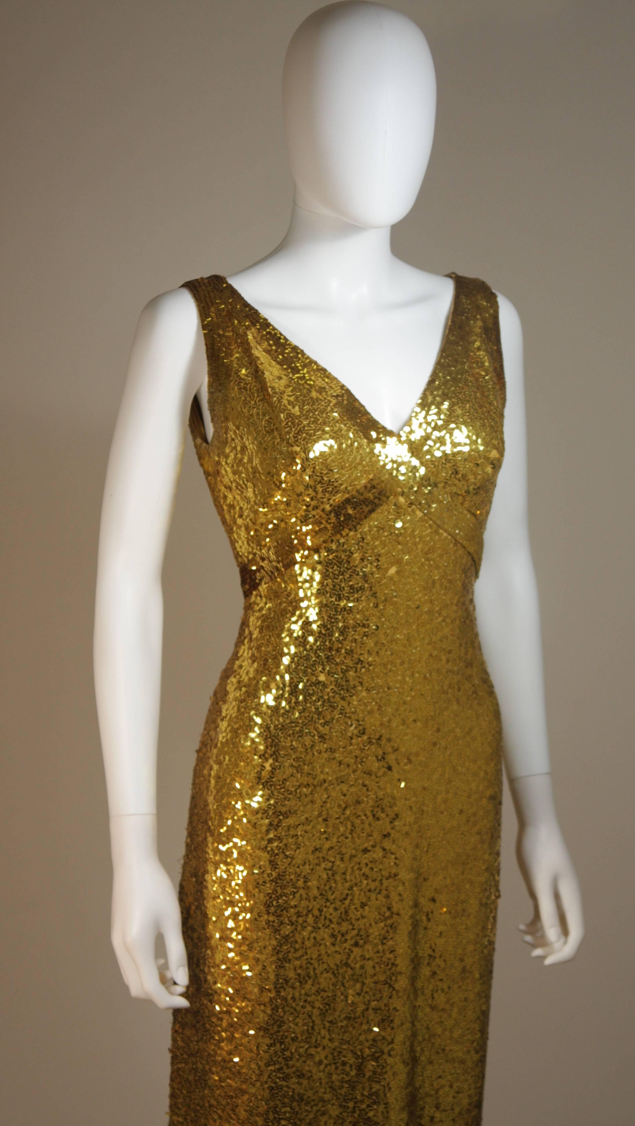 IRENE SARGENT Gold Sequin Gown with Empire Bust Size 6-8 In Excellent Condition For Sale In Los Angeles, CA