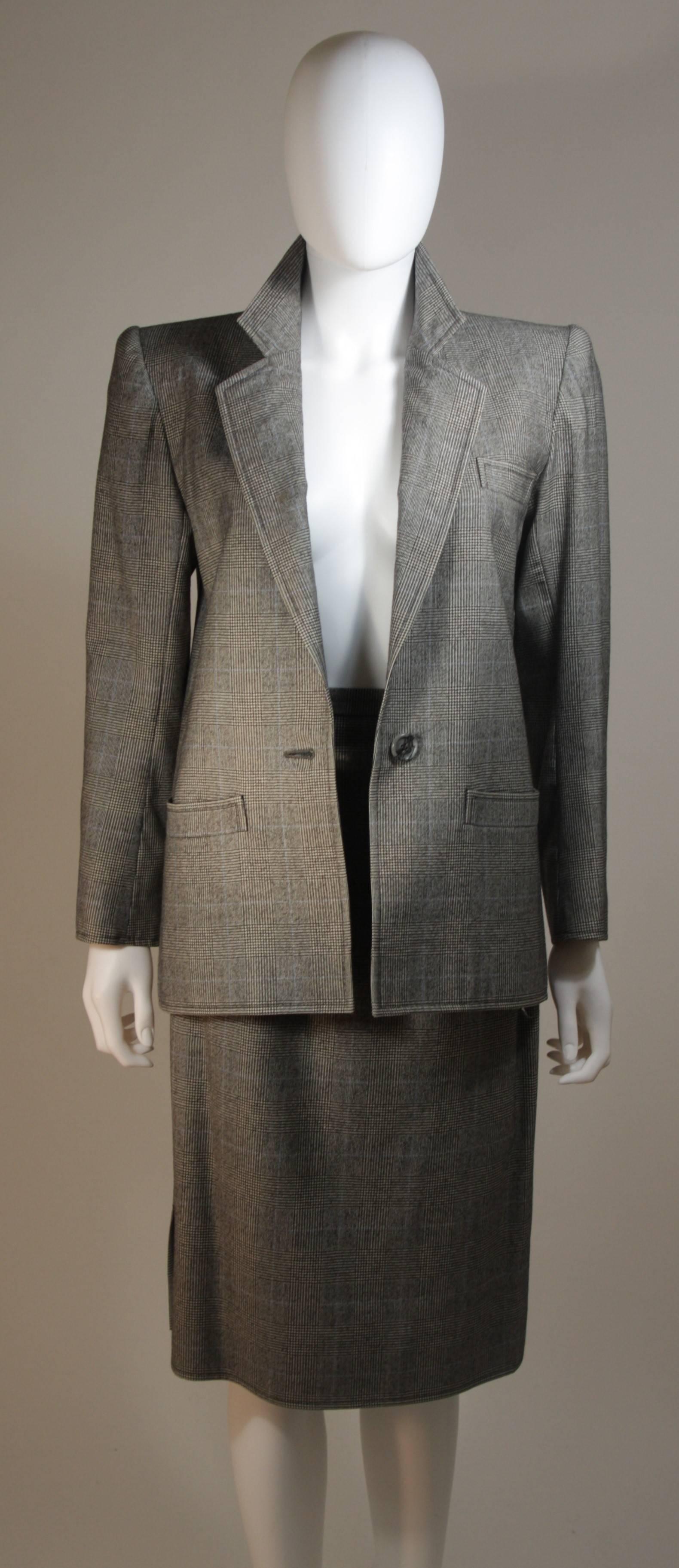 YVES SAINT LAURENT RIVE GAUCHE Grey Wool Plaid Skirt Suit with Blue Size 38 40 In Good Condition For Sale In Los Angeles, CA