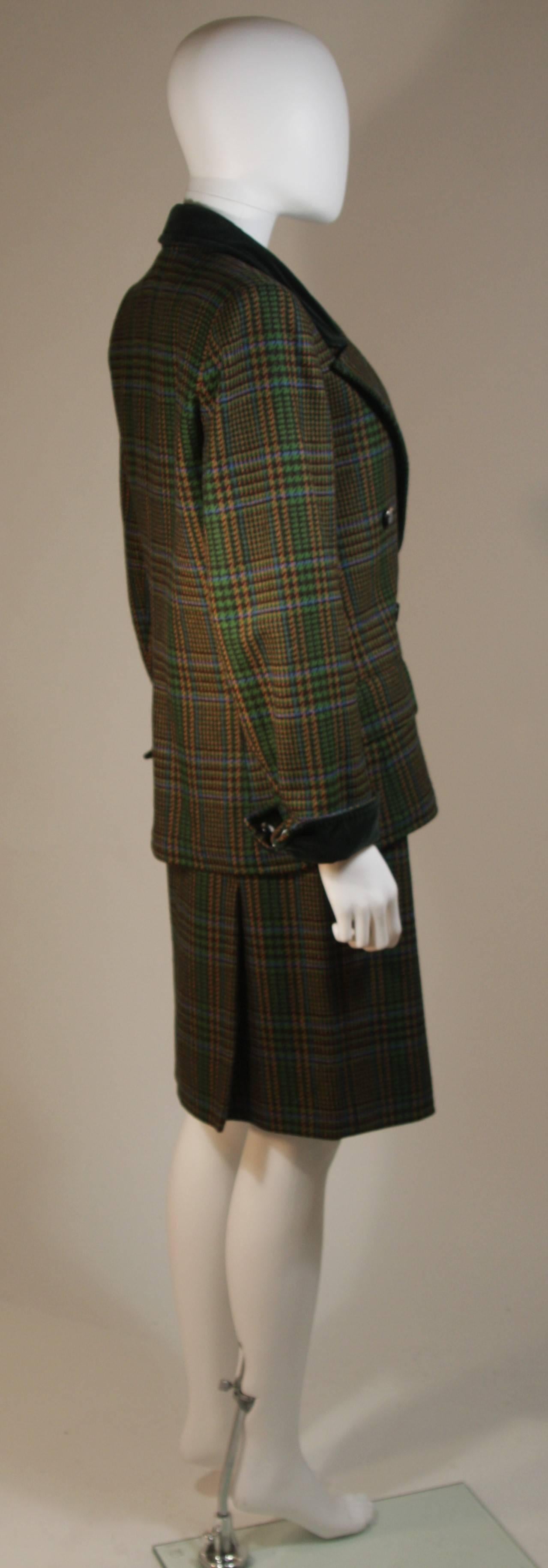 YVES SAINT LAURENT Green Wool Plaid Skirt Suit with Velvet Details Size 4-6 In Excellent Condition In Los Angeles, CA