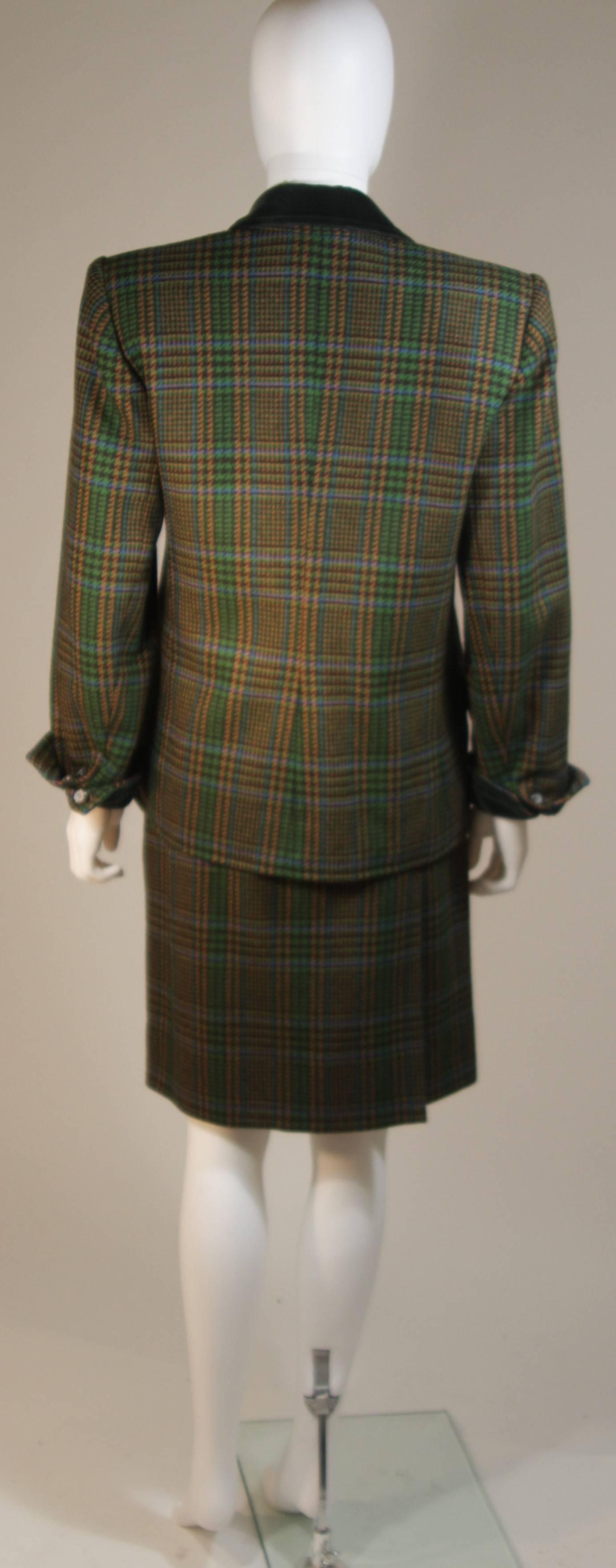 Women's YVES SAINT LAURENT Green Wool Plaid Skirt Suit with Velvet Details Size 4-6