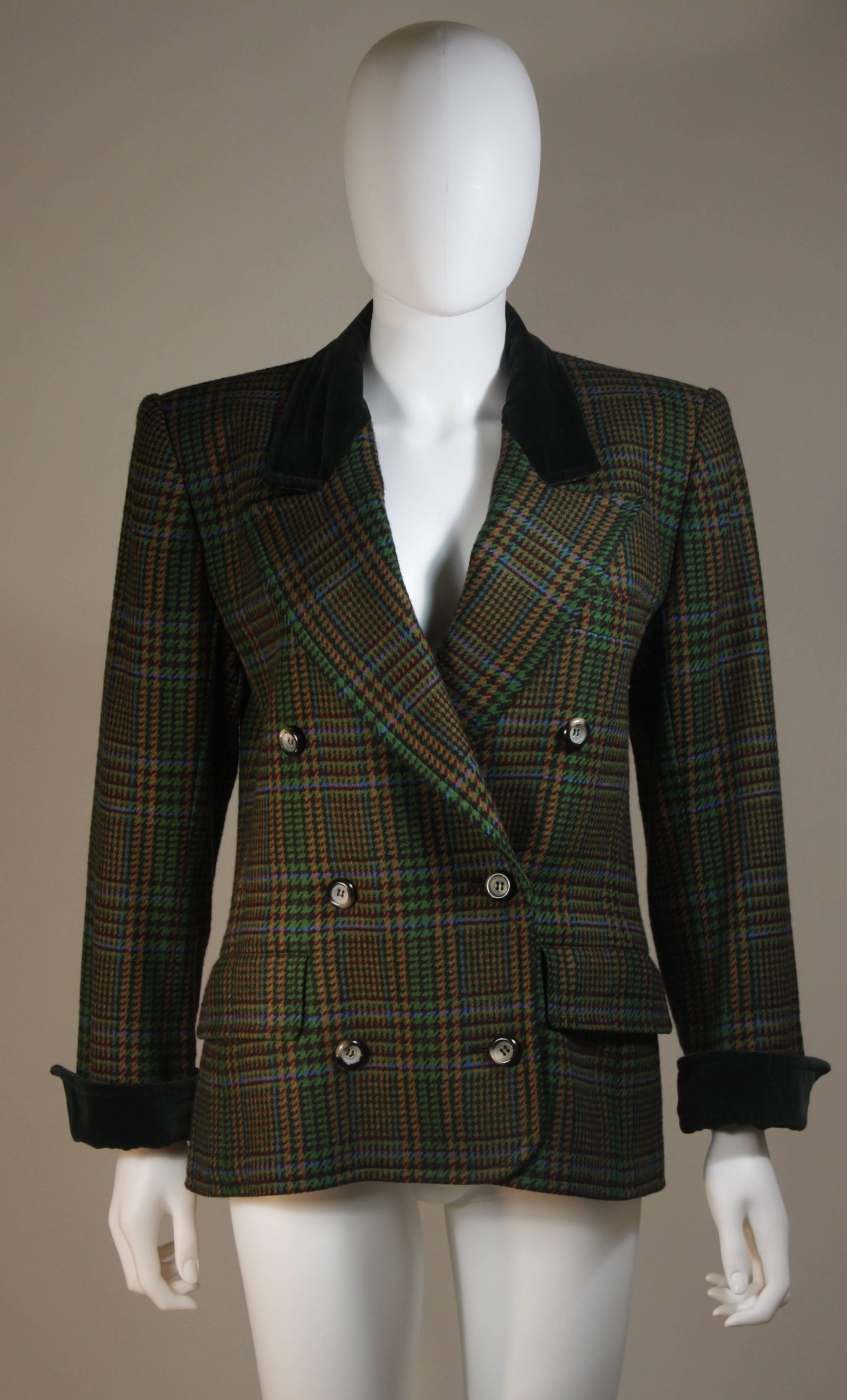 YVES SAINT LAURENT Green Wool Plaid Skirt Suit with Velvet Details Size 4-6 1
