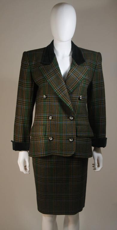 YVES SAINT LAURENT Green Wool Plaid Skirt Suit with Velvet Details Size ...