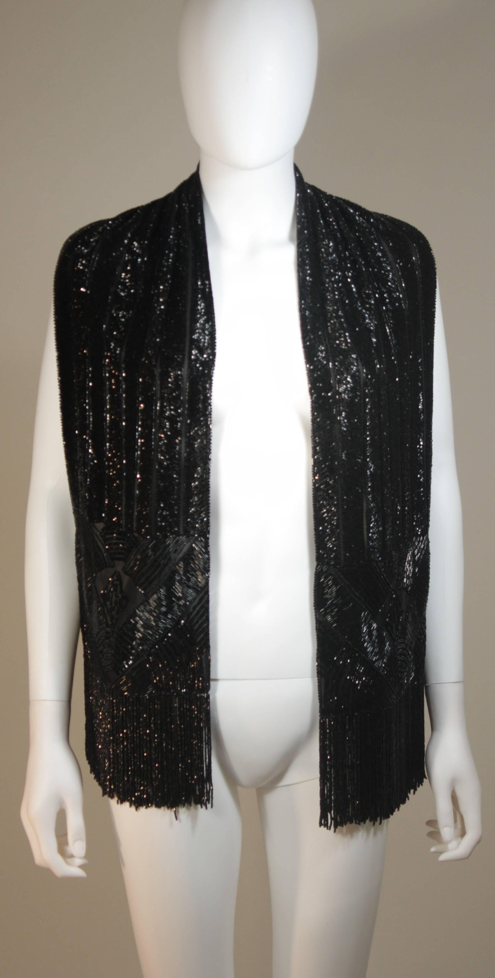 RALPH LAUREN Black Silk Fully Beaded Fringed Scarf with Purple Storage Box In Excellent Condition In Los Angeles, CA