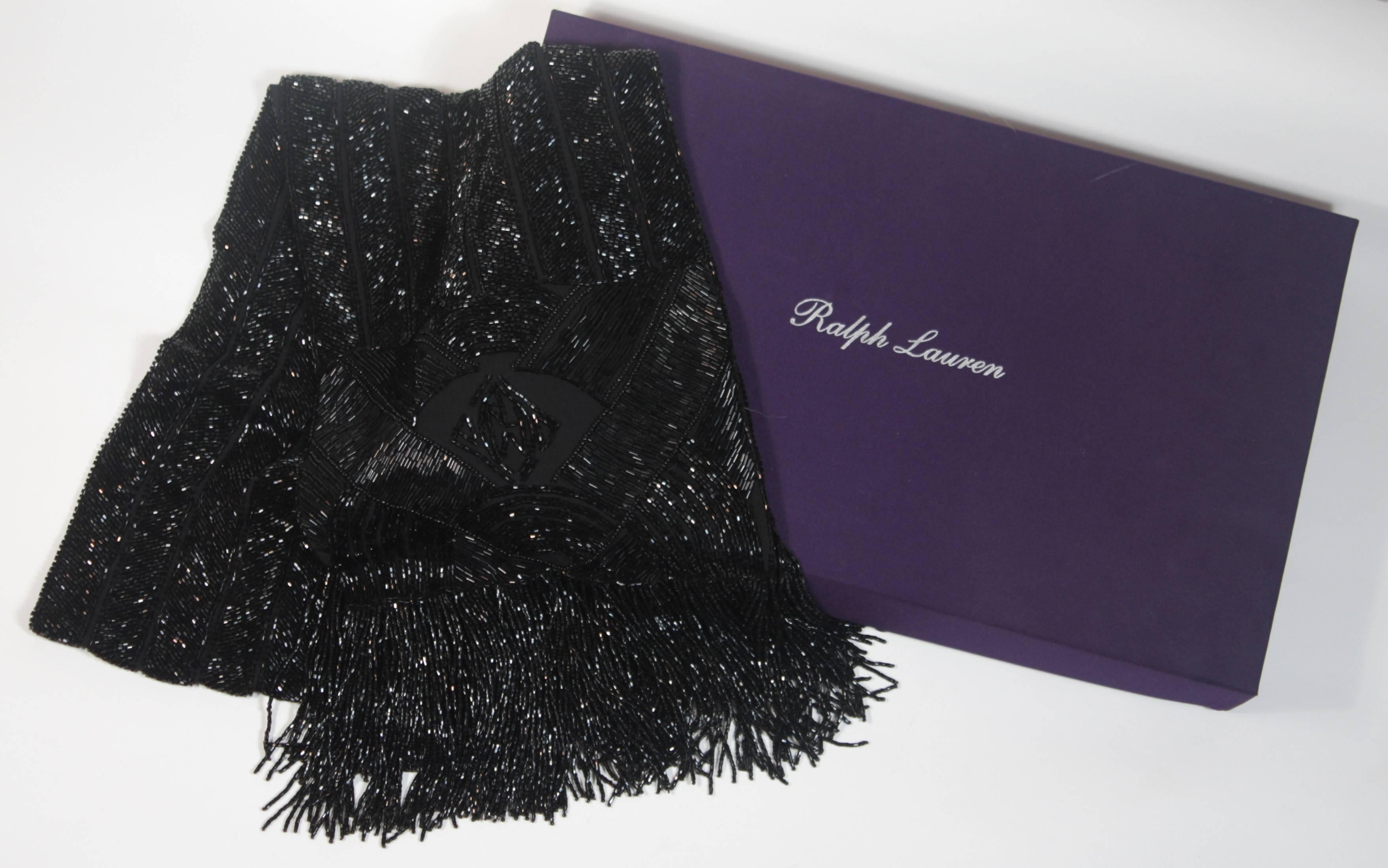 RALPH LAUREN Black Silk Fully Beaded Fringed Scarf with Purple Storage Box 5