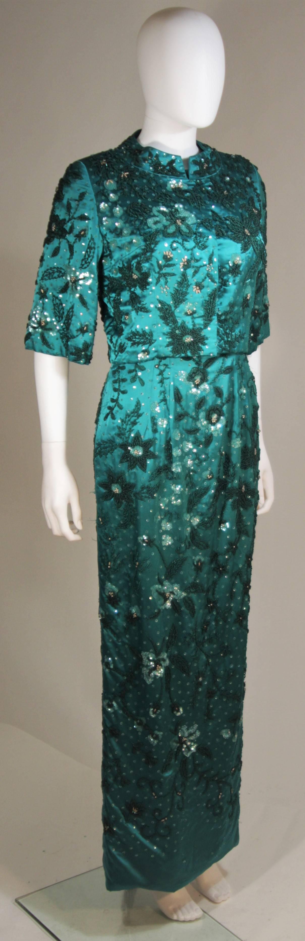 Blue 1960's Custom Emerald Heavily Embellished Gown and Jacket Size 4-8 For Sale