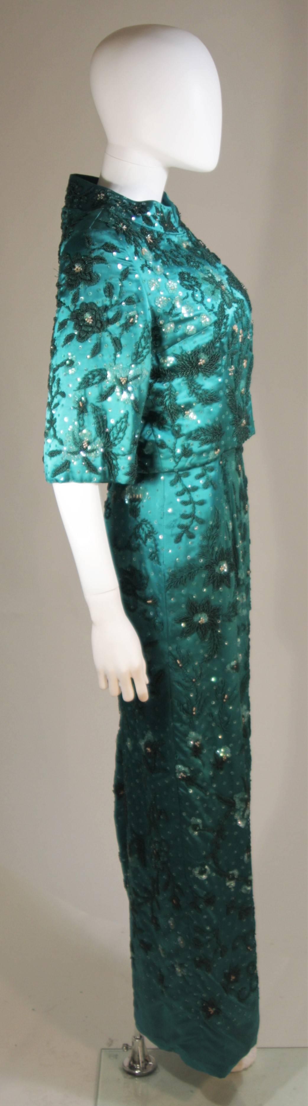 1960's Custom Emerald Heavily Embellished Gown and Jacket Size 4-8 In Excellent Condition For Sale In Los Angeles, CA