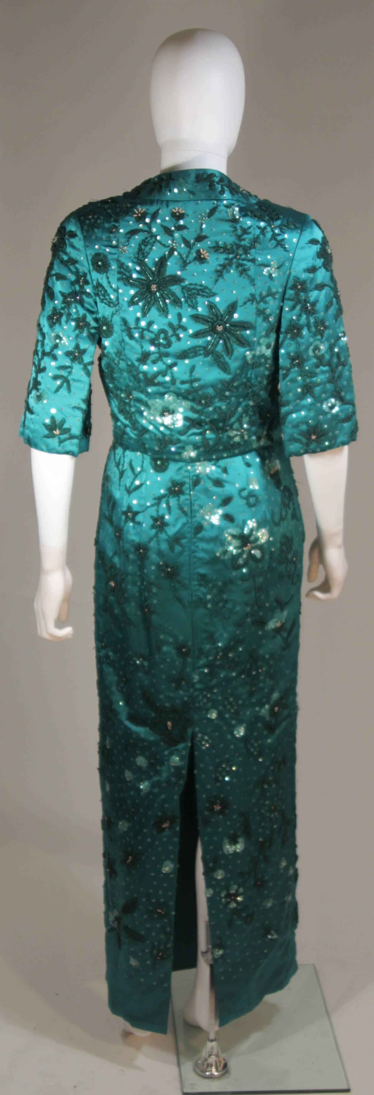 Women's 1960's Custom Emerald Heavily Embellished Gown and Jacket Size 4-8 For Sale