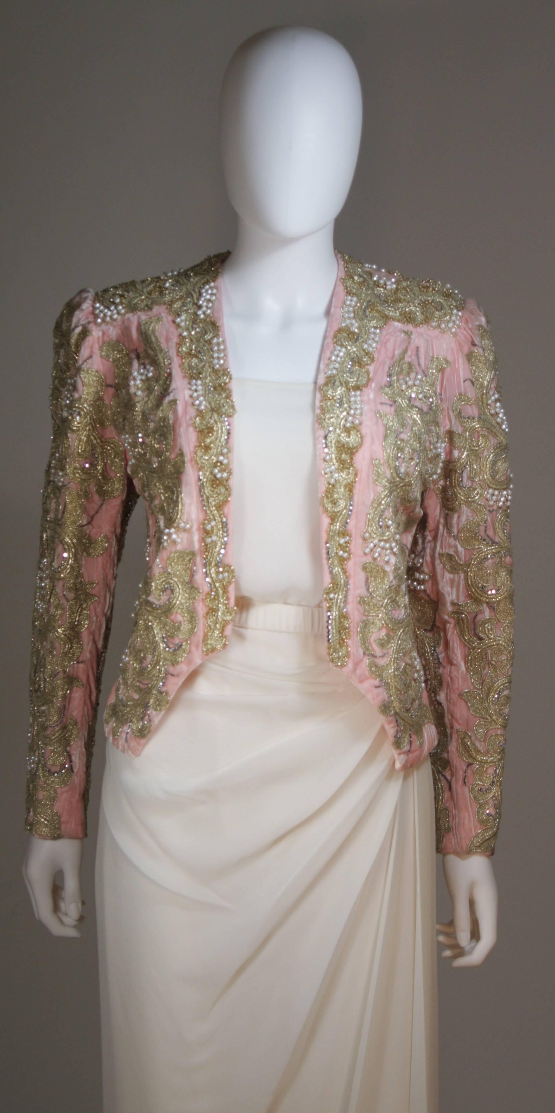 ADOLFO Evening Ensemble with Pink Velvet Embroidered Jacket & Ivory Silk Size 10 In Excellent Condition In Los Angeles, CA