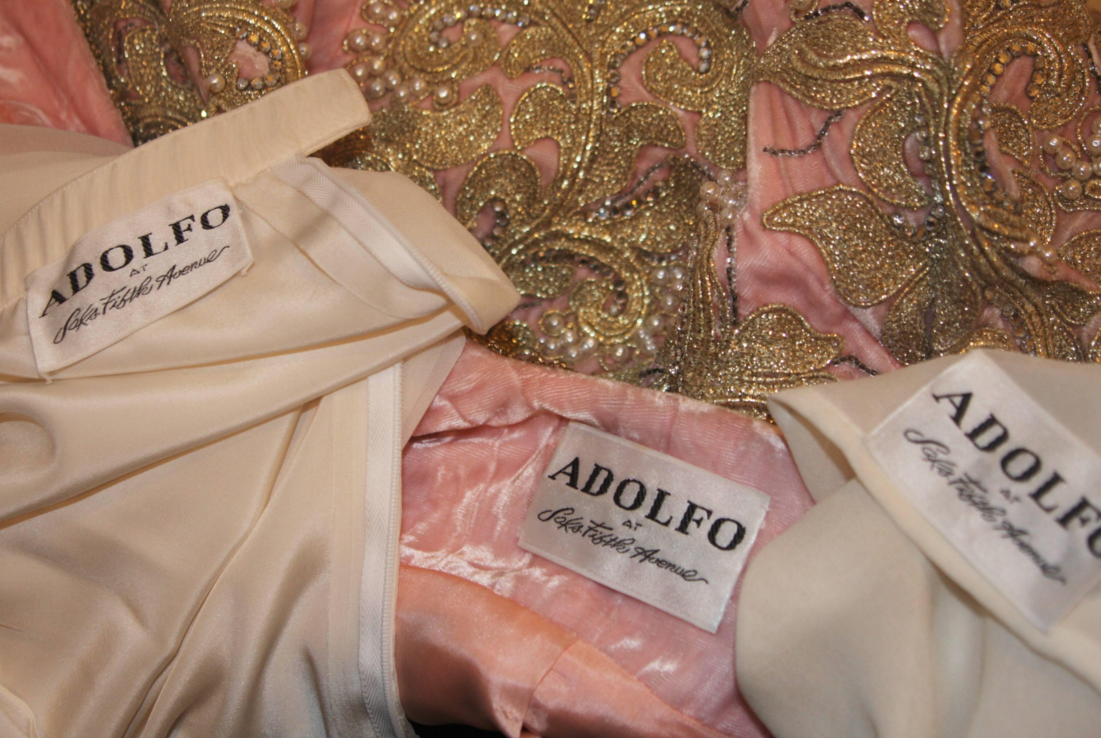 ADOLFO Evening Ensemble with Pink Velvet Embroidered Jacket & Ivory Silk Size 10 4