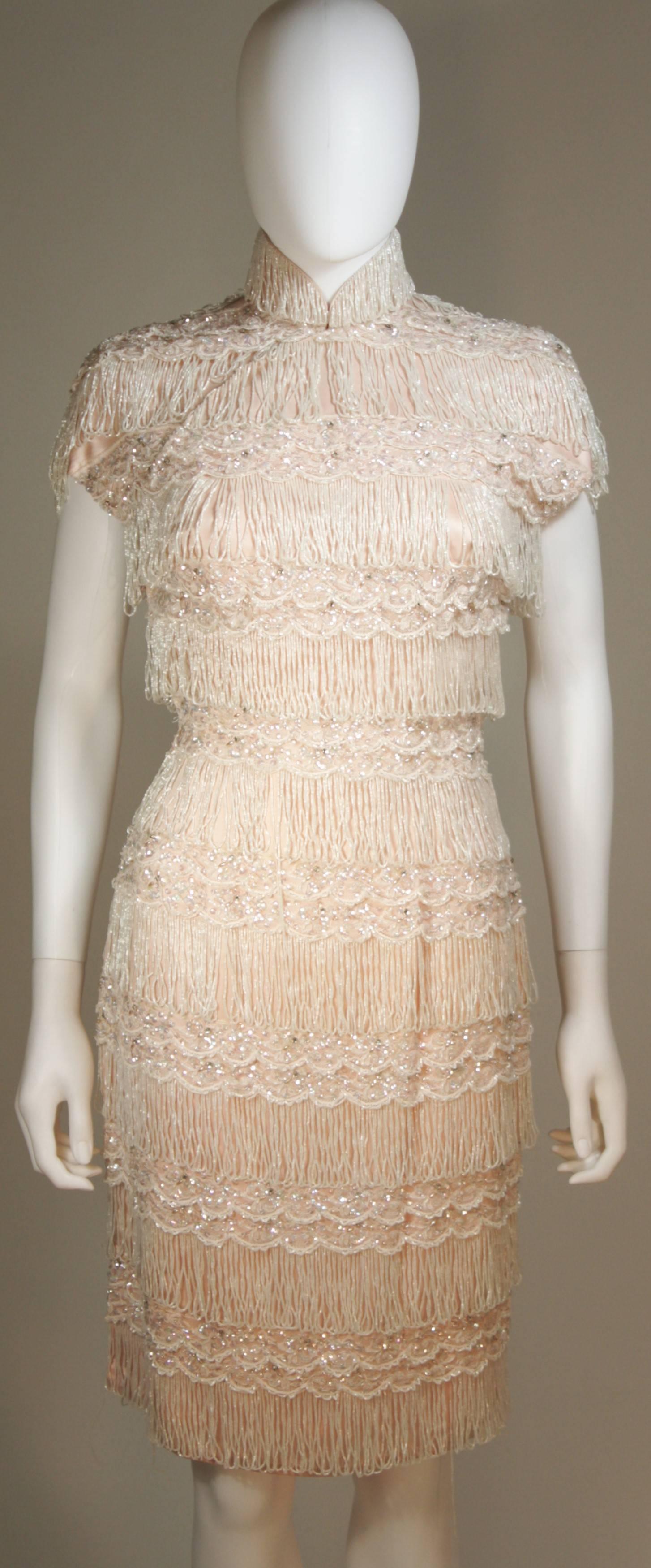 Beige HAUTE COUTURE INTERNATIONAL Pink Silk Dress with Mandarin Collar and Fringe 2