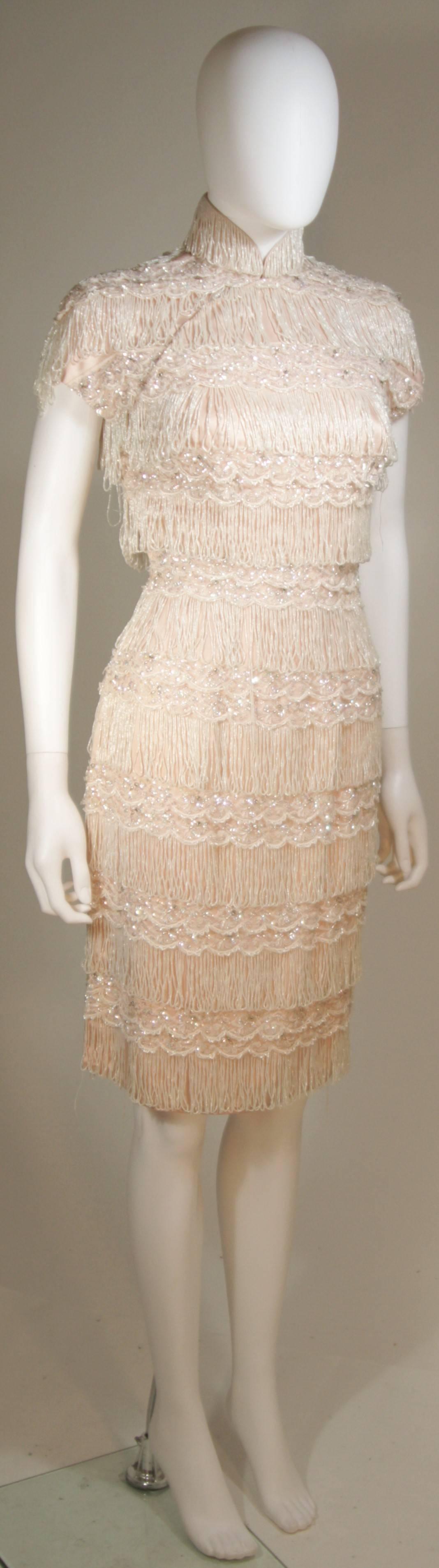 HAUTE COUTURE INTERNATIONAL Pink Silk Dress with Mandarin Collar and Fringe 2 In Excellent Condition In Los Angeles, CA