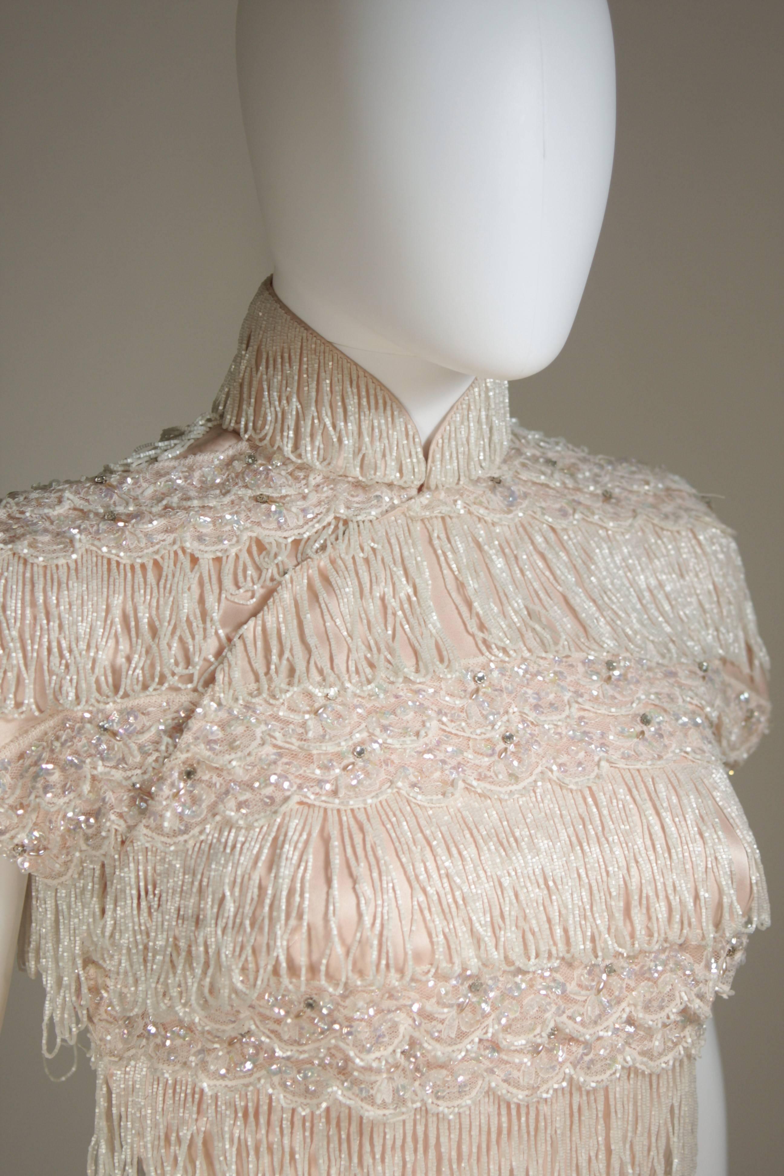 HAUTE COUTURE INTERNATIONAL Pink Silk Dress with Mandarin Collar and Fringe 2 1