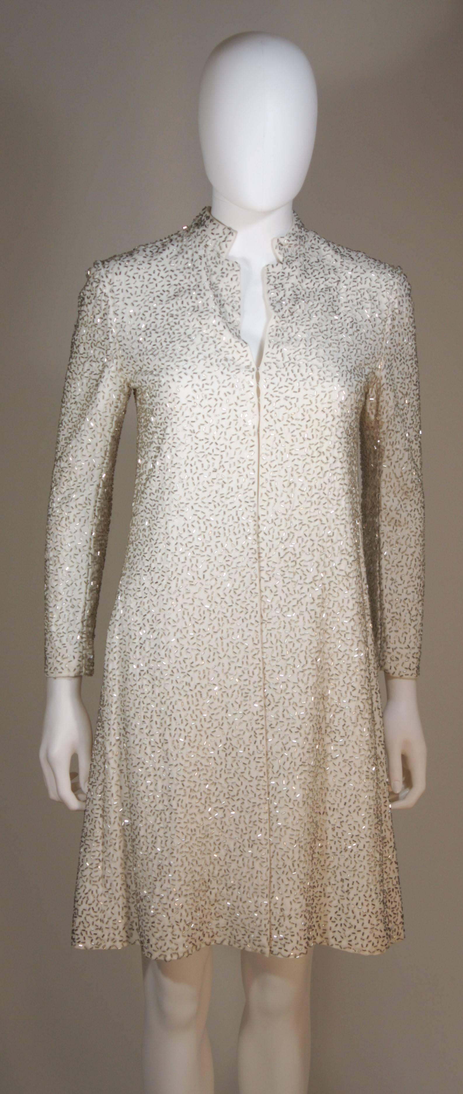 Beige Vintage Off-White Silk Coat with Silver Beading Size 4-6 For Sale