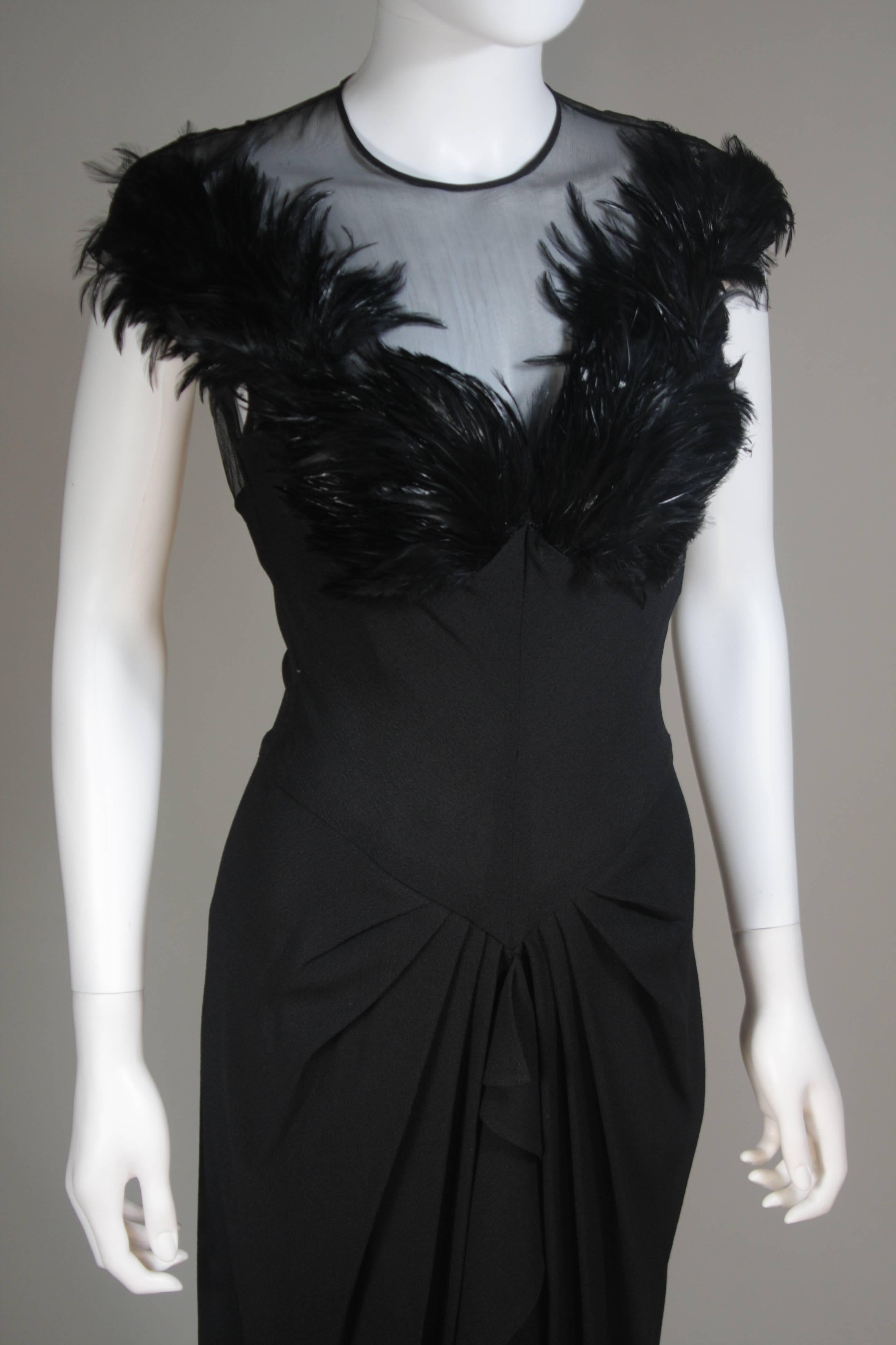 Black JEAN CAROL 1930's Feather Bust Gown with Drape and Sheer Bodice Size 2 For Sale