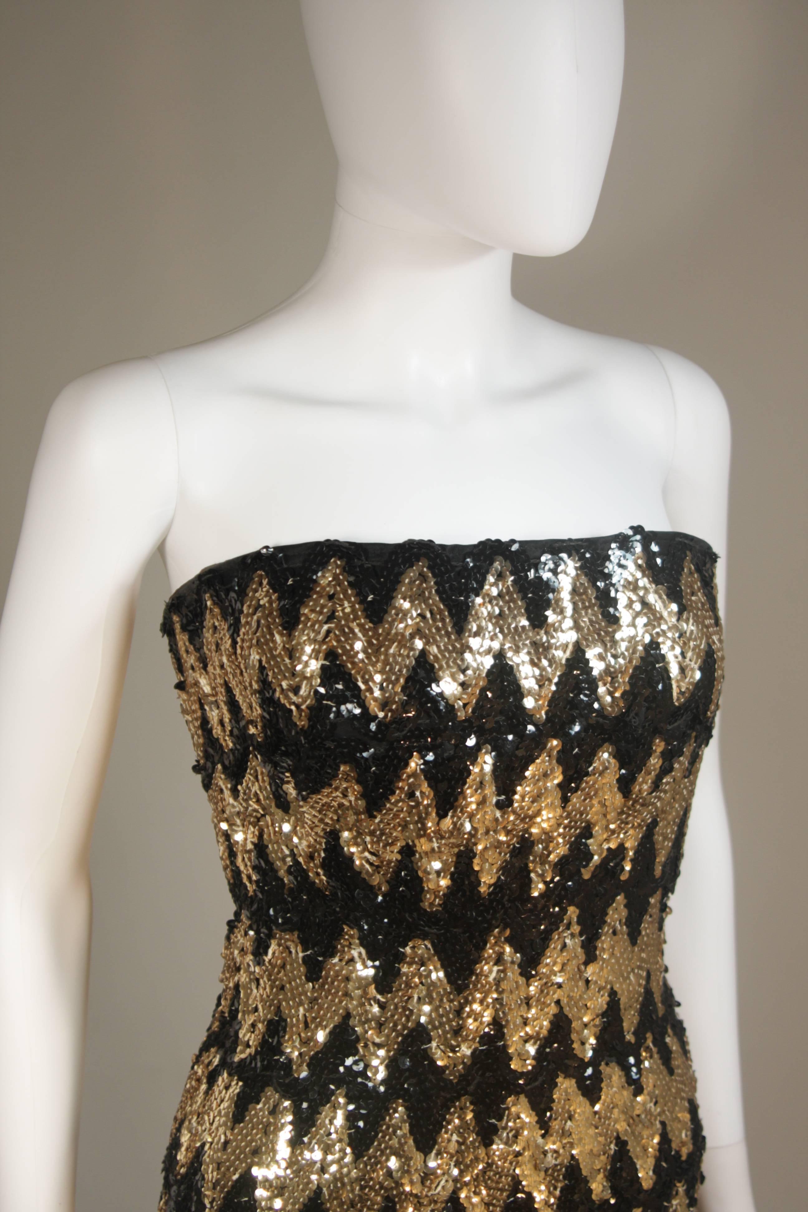 SCAASI Strapless Black and Gold Knit Sequin Gown Size 2-4 For Sale 1