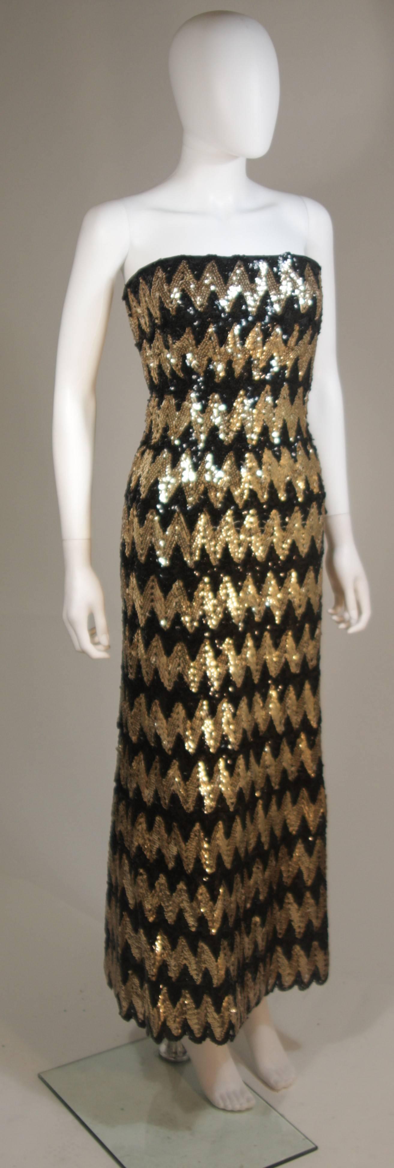 Women's SCAASI Strapless Black and Gold Knit Sequin Gown Size 2-4 For Sale