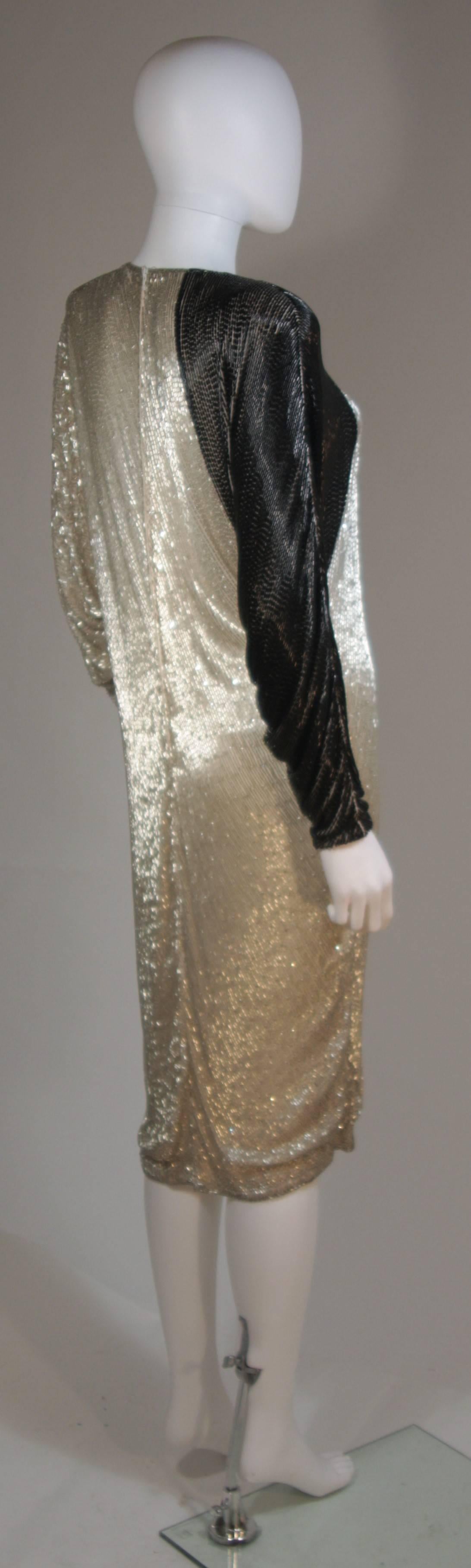 1980's Vintage Black & Silver Silk Cocktail Dress with Batwing Sleeves SIze 4-6 In Excellent Condition For Sale In Los Angeles, CA