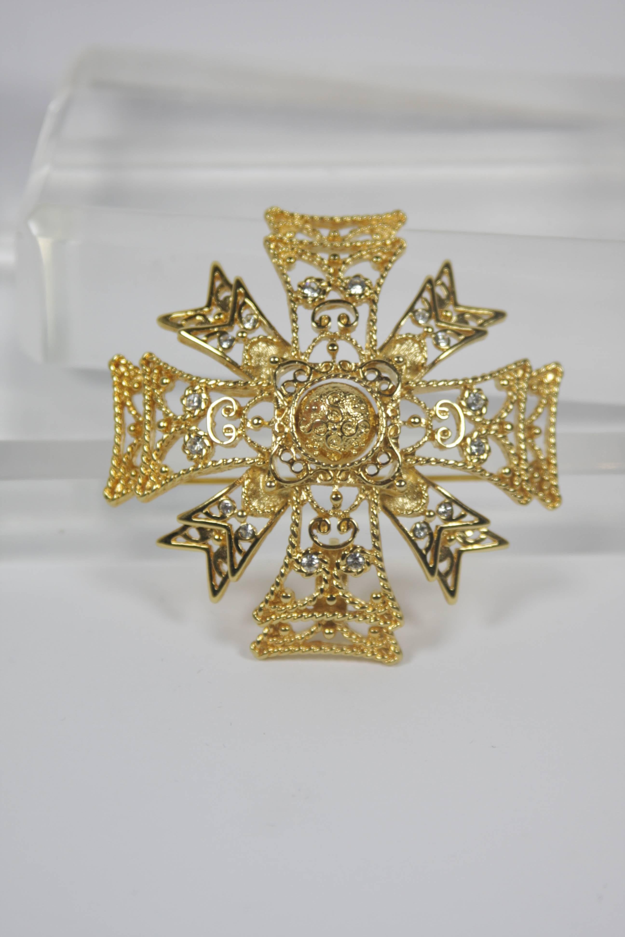 KENNETH JAY LANE Gold Tone Cross with Rotating Rhinestone Ball Pendant & Brooch In Excellent Condition In Los Angeles, CA