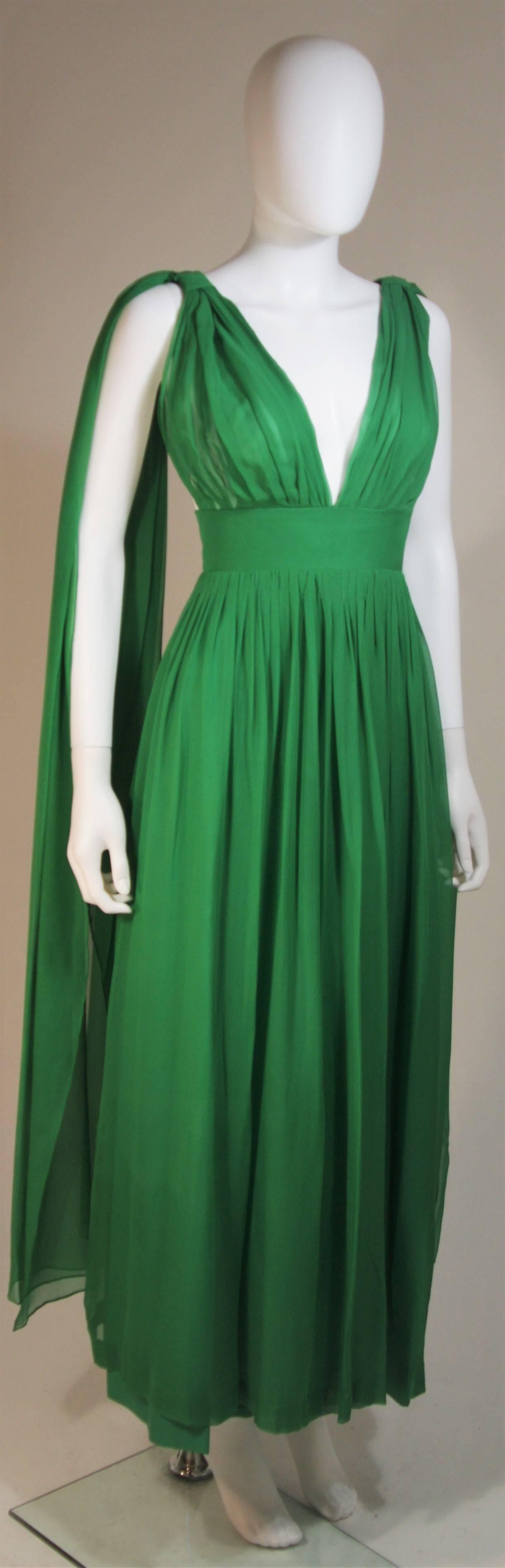 Erna Circa 1960s Green Pleated Silk Chiffon Gown In Good Condition In Los Angeles, CA