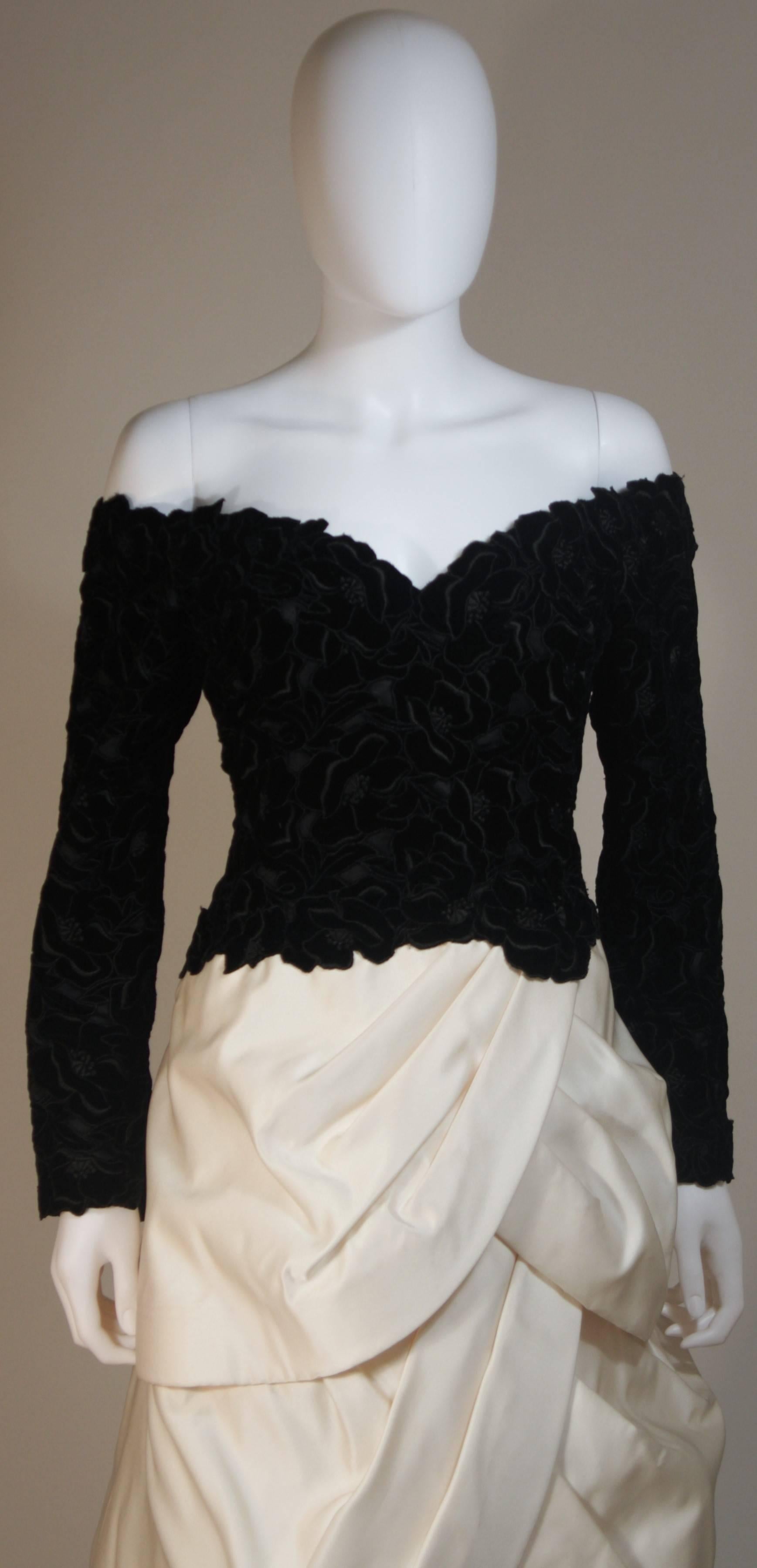 Beige ARNOLD SCAASI Black Velvet Floral Design Gown with Satin Tiered Skirt Size 12-14 For Sale