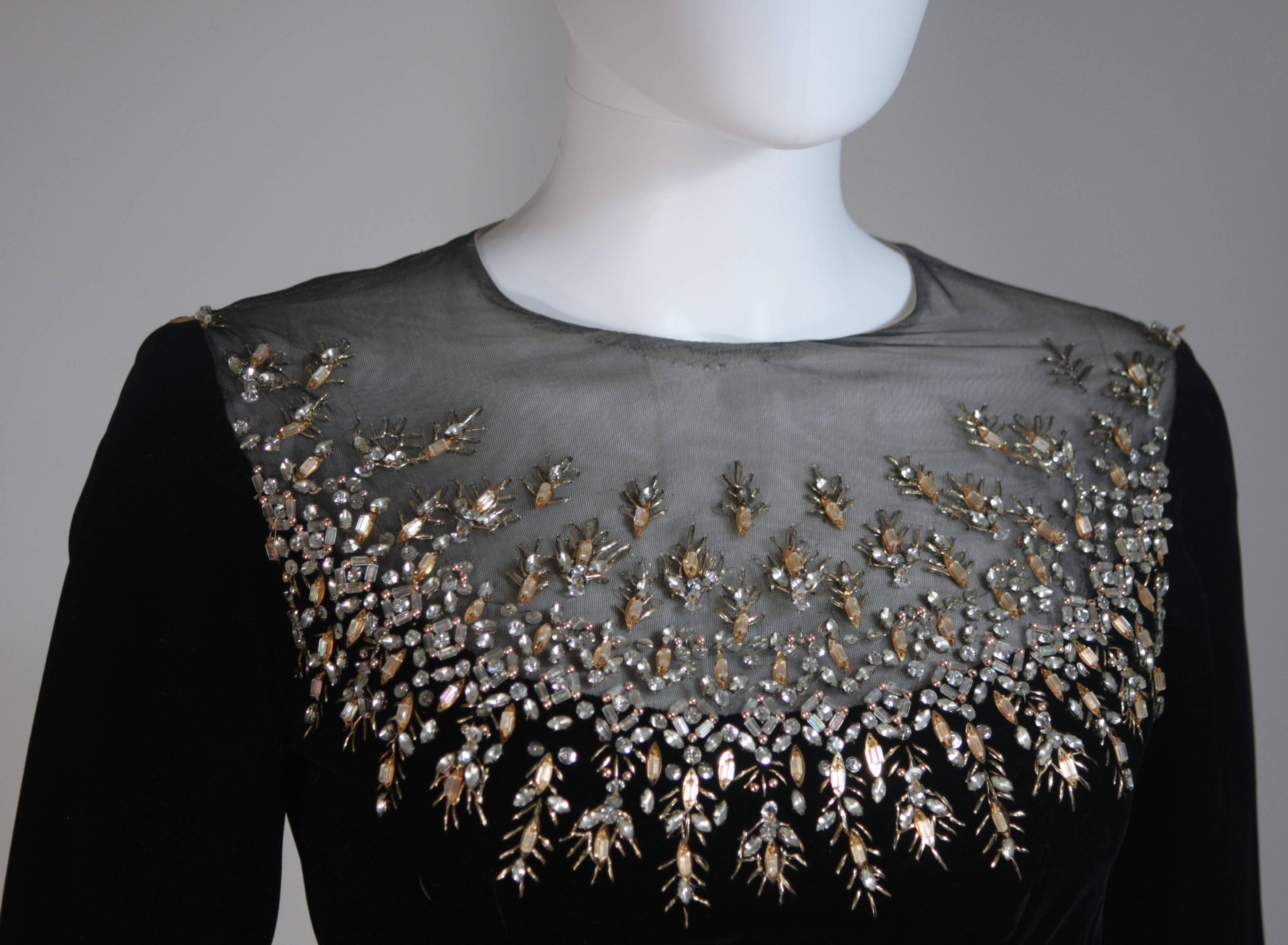 MALCOLM STARR Black Velvet Gown with Sheer Neckline & Rhinestone Applique Size 8 In Excellent Condition In Los Angeles, CA
