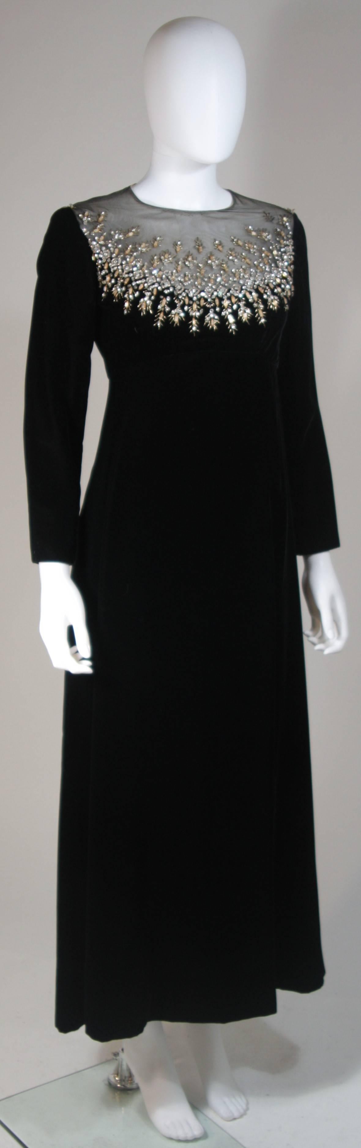 Women's MALCOLM STARR Black Velvet Gown with Sheer Neckline & Rhinestone Applique Size 8