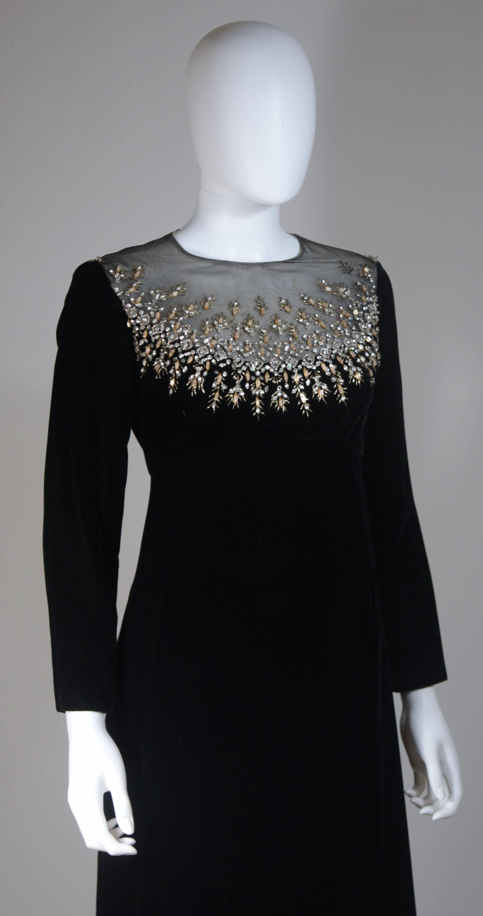 MALCOLM STARR Black Velvet Gown with Sheer Neckline & Rhinestone Applique Size 8 1