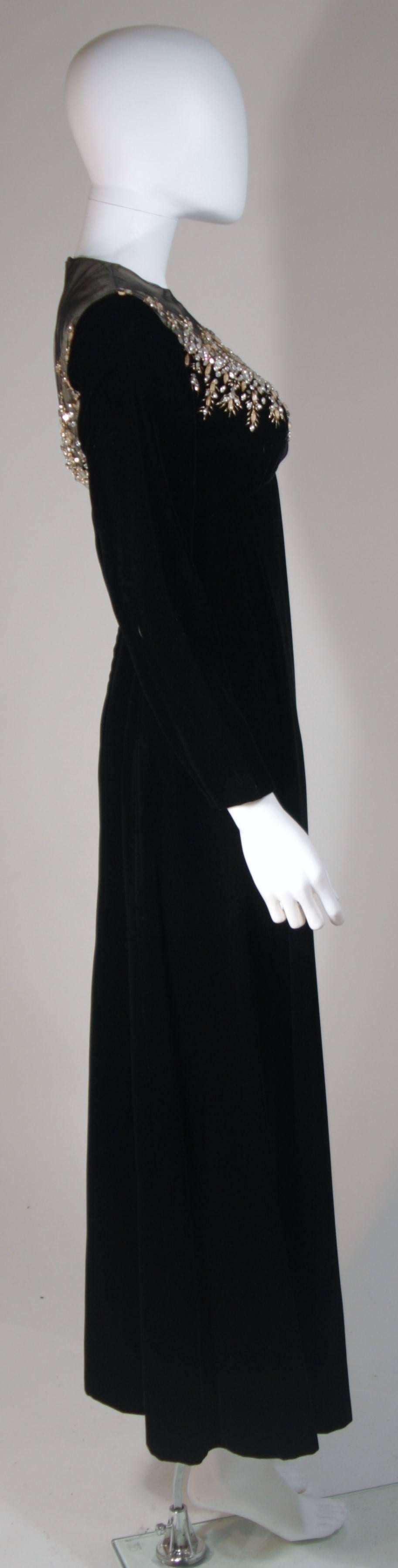 MALCOLM STARR Black Velvet Gown with Sheer Neckline & Rhinestone Applique Size 8 2