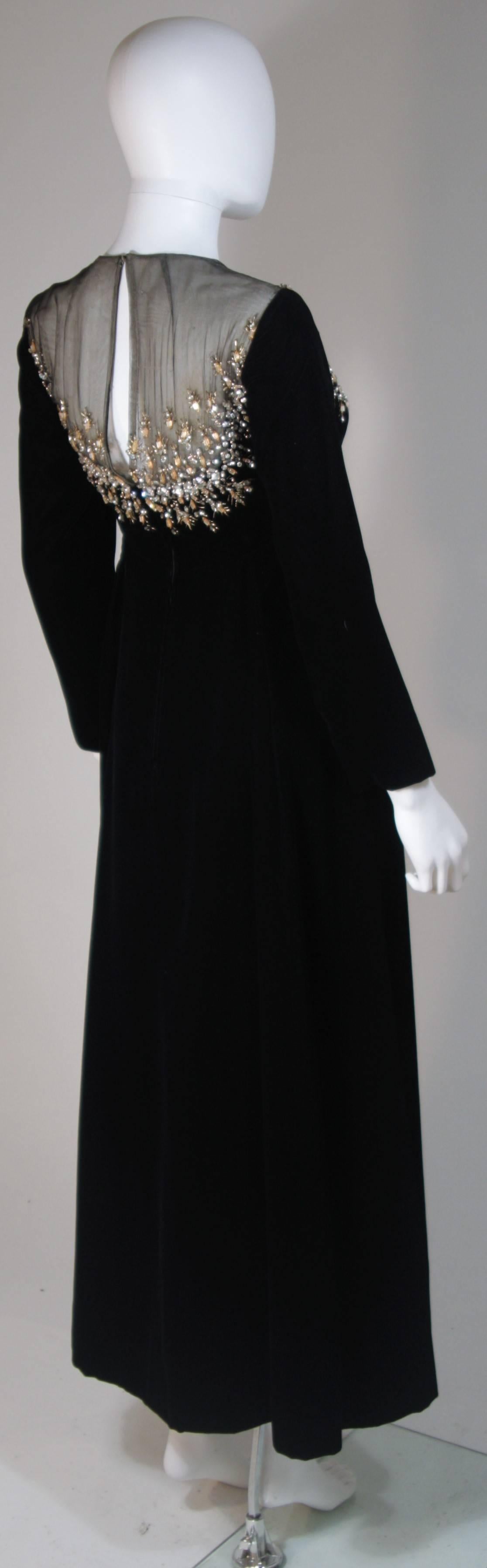 MALCOLM STARR Black Velvet Gown with Sheer Neckline & Rhinestone Applique Size 8 3
