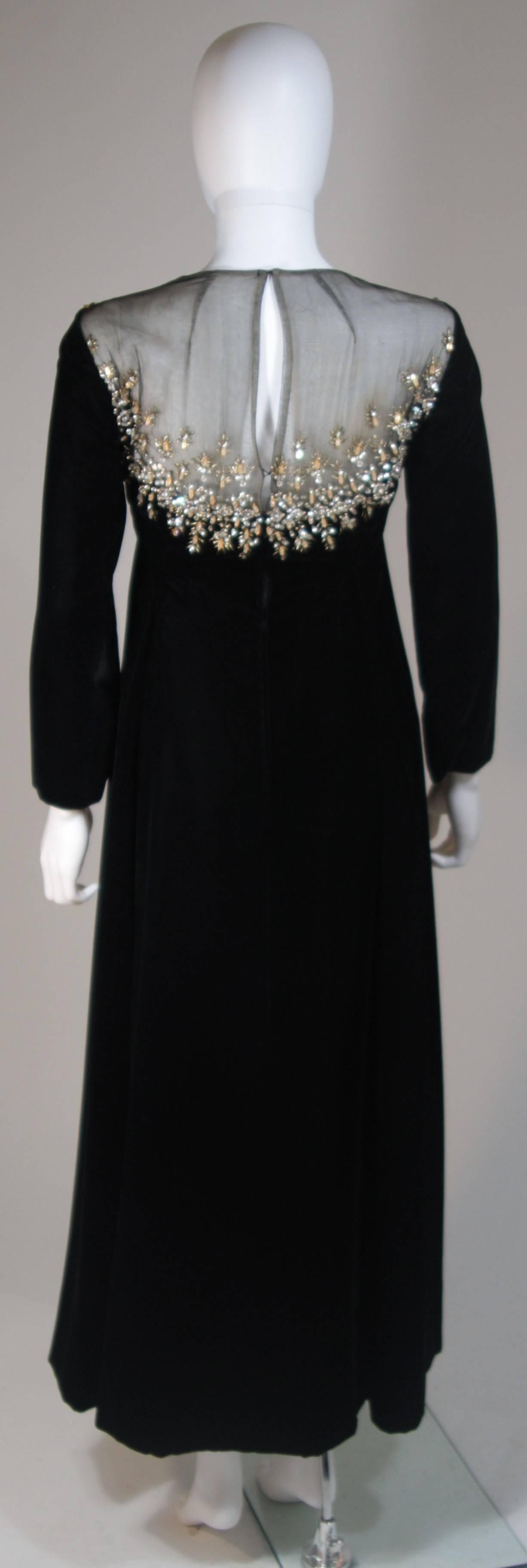 MALCOLM STARR Black Velvet Gown with Sheer Neckline & Rhinestone Applique Size 8 4